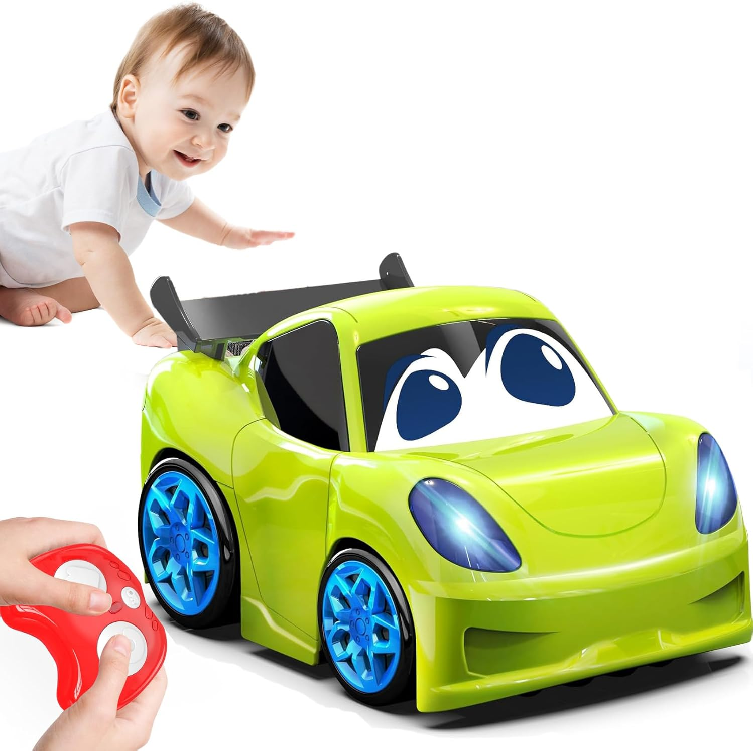 Remote Control Car for Toddlers 1-3 2-4 3-5 Years Old, Cartoon RC Car Toy with Lights and Sounds Birthday Gifts for Boys Girls Kids Age 1-3, Green image number 1