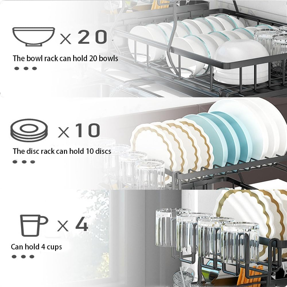 Dish Drying Rack, Dish Rack with Draining Tray, Made of Carbon Steel, Removable Cutlery Holder with Drip Tray Swivel Draining Spout, for Kitchen Countertop（Black 2） image number 1