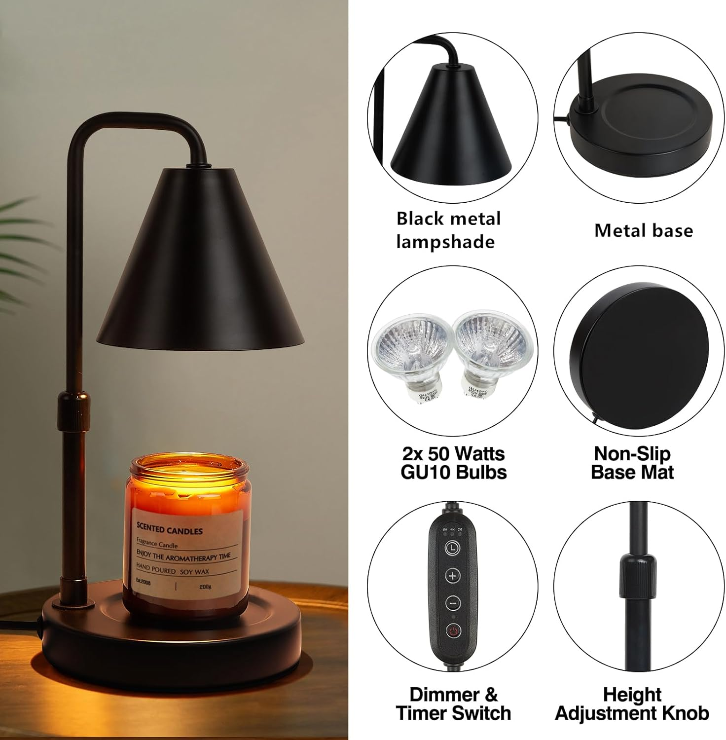 Suewow Candle Warmer Lamp, Adjustable Height, with Timer Dimmer, 2 Light Bulbs, Room Decor Wax Melt Warmer for Scented Wax.