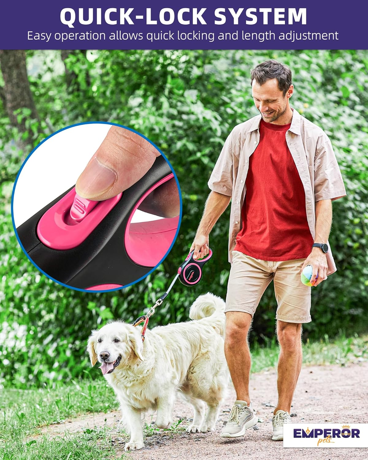 Emperor Pets 16 Ft / 26 Ft Retractable Dog Leash Large Breed | Heavy Duty Dog Leash Retractable, Strong Dog Leash & Durable Dog Leashes for Large Breed Dogs, Anti-Slip Handle, One Hand Lock - Pink 26 image number 7