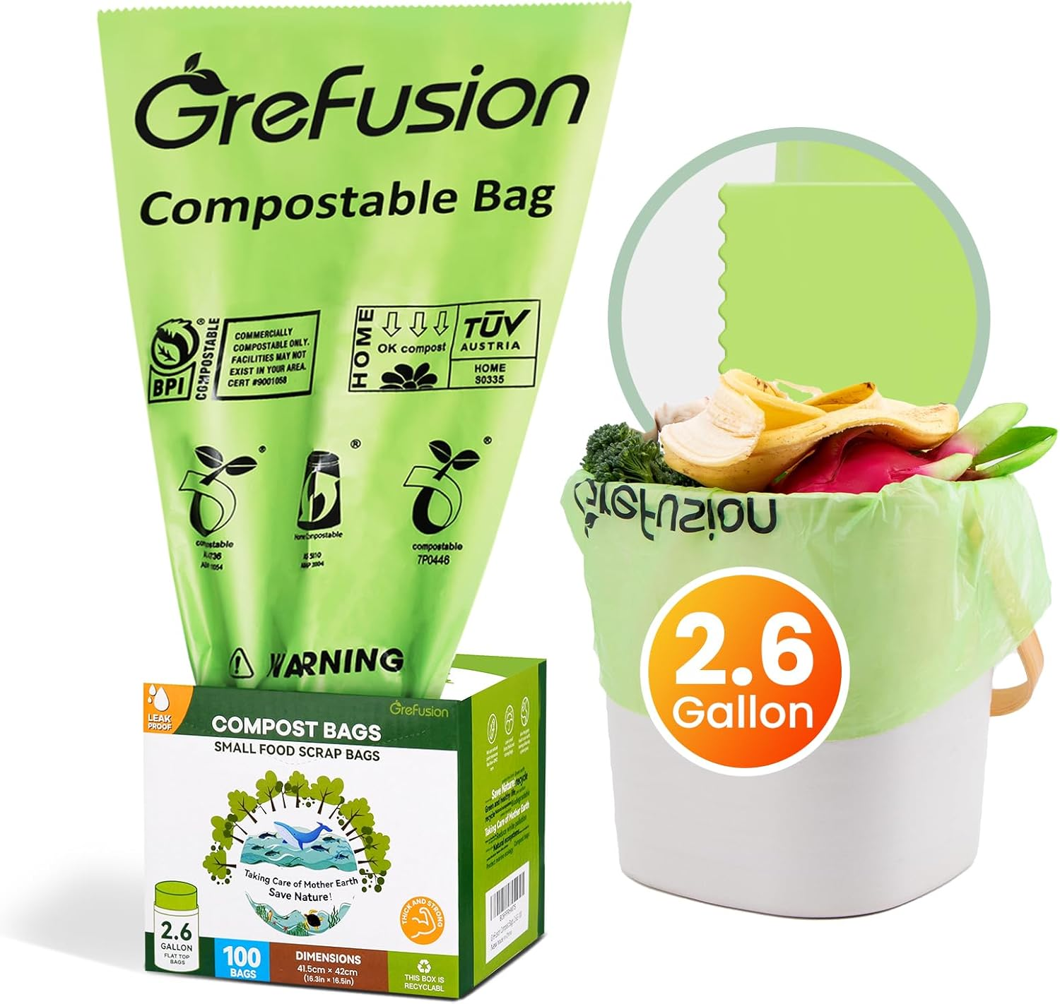 Grefusion Compostable Trash Bags for Kitchen Bin 1.2 Gallon, 125 Count, Small Food Scrap Waste Bags for Countertop Bin, BPI, ASTM D6400 and OK Compost Certified