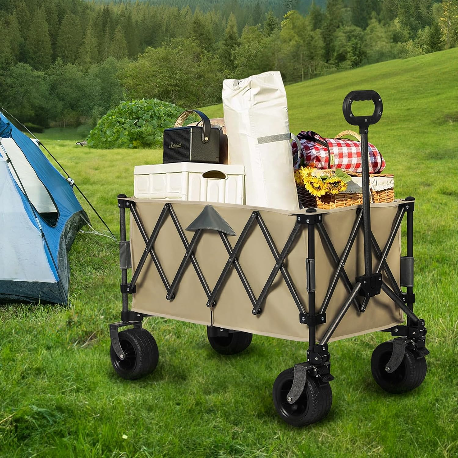 Lambu Foldable Camping Trolley Cart,240L Camping Cart Collapsible Portable Wagon Cart,Heavy Duty Folding Wagon Large Capacity Shopping Cart,Garden Outdoor Park Utility Beach Trolley (Black)