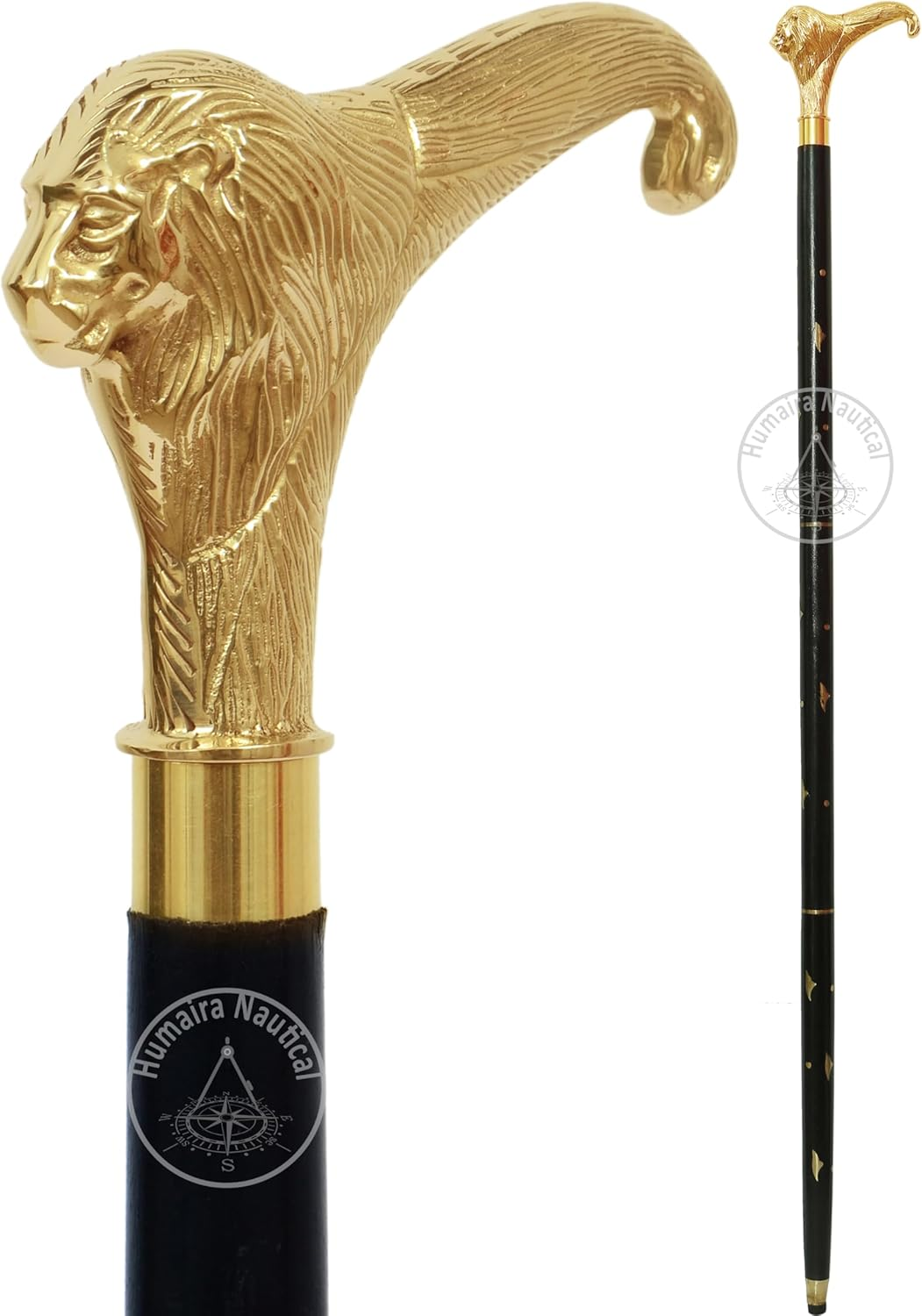 Humaira Nautical Solid Brass Lion Head Handle Wooden Walking Stick Cane Vintage Designer Handmade image number 3