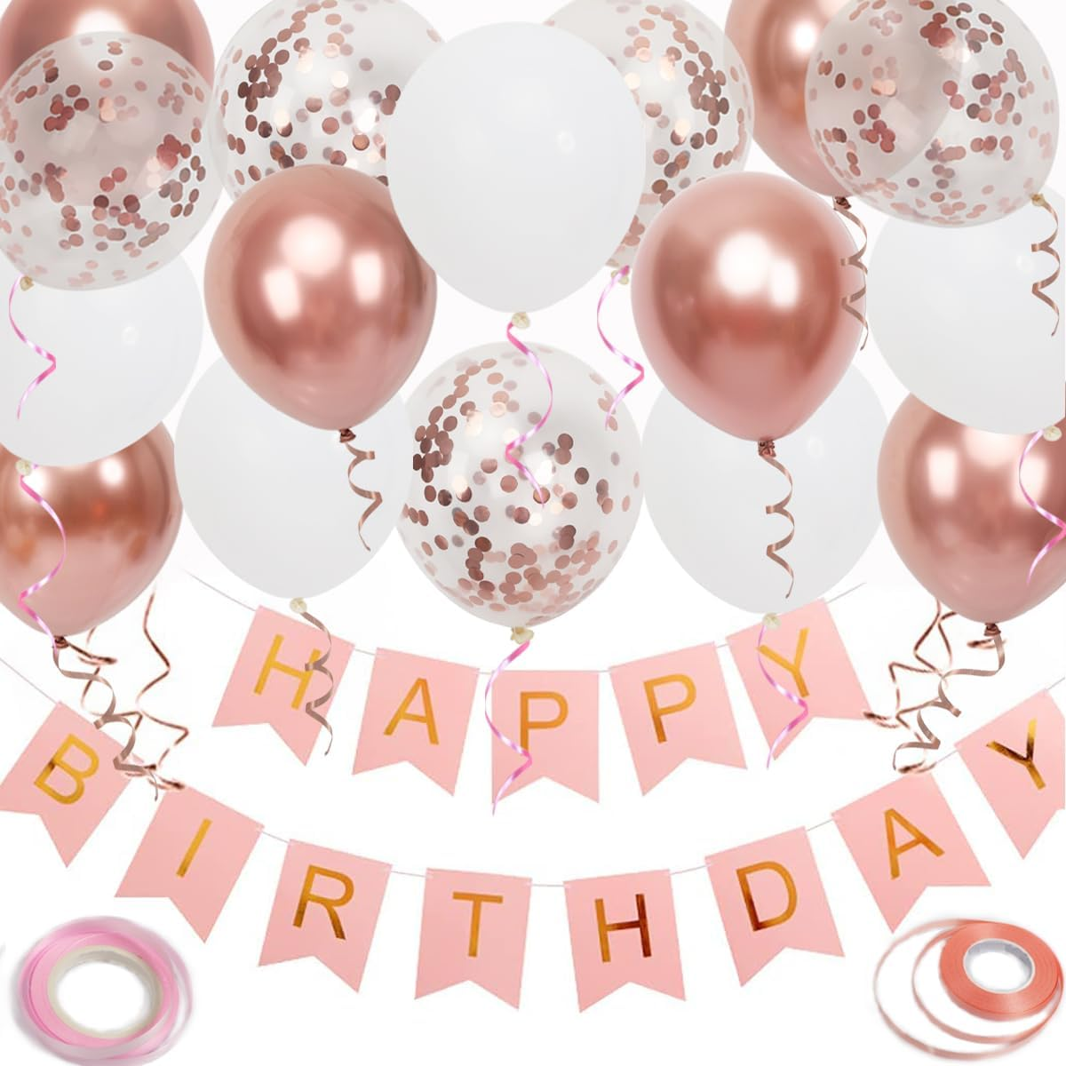 Happy Birthday Banner, Rose Gold Birthday Decoration, 16 Pcs 12 Inch Happy Birthday Balloons with 2 Ribbons for Girl and Women Birthday Party Decoration - Black image number 3