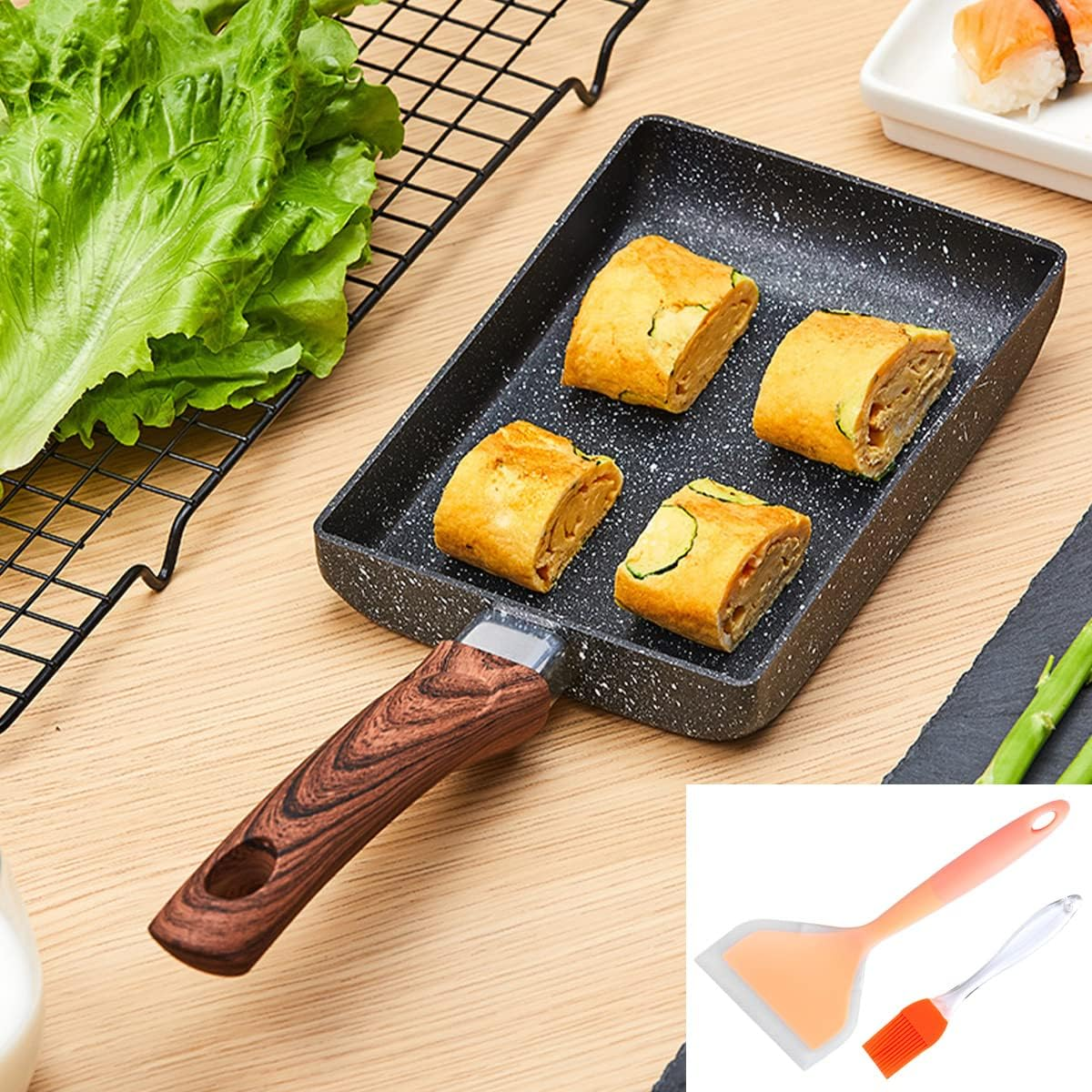 Tamagoyaki Pan with Silicone Spatula and Oil Brush 7.3&times;5.3Inch Non-Stick Japanese Omelette Pan Premium Rectangle Frying Pan Egg Roll Pan Square Cooking Pan Dishwasher Safe image number 1