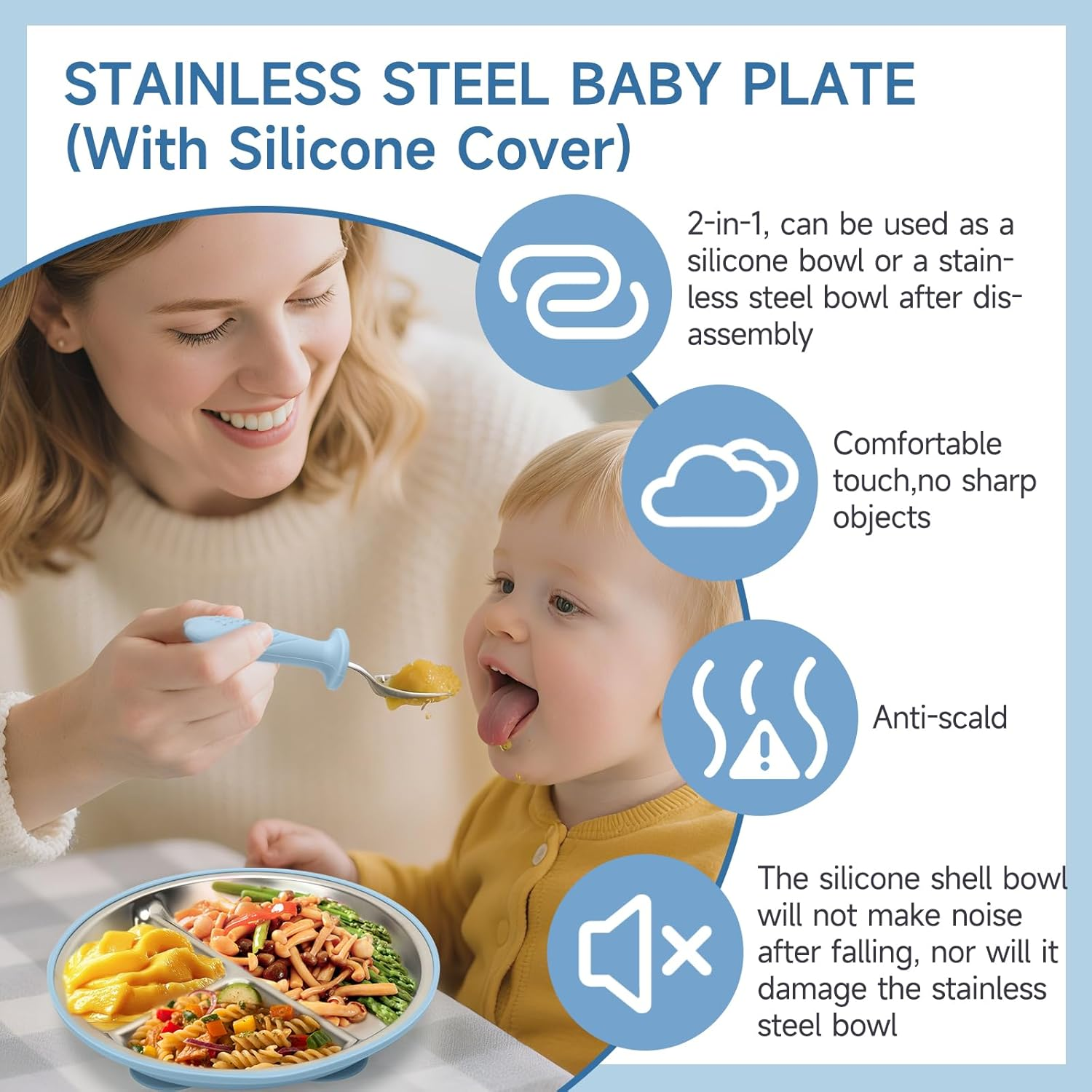6-Piece Baby Stainless Steel Feeding Set - Bowl, Plate, Cup, Spoon, Fork & Bib | 100% Food-Grade 304 Steel with Removable Silicone Sleeves | Dishwasher-Safe Toddler Tableware (Blue) - Blue image number 5