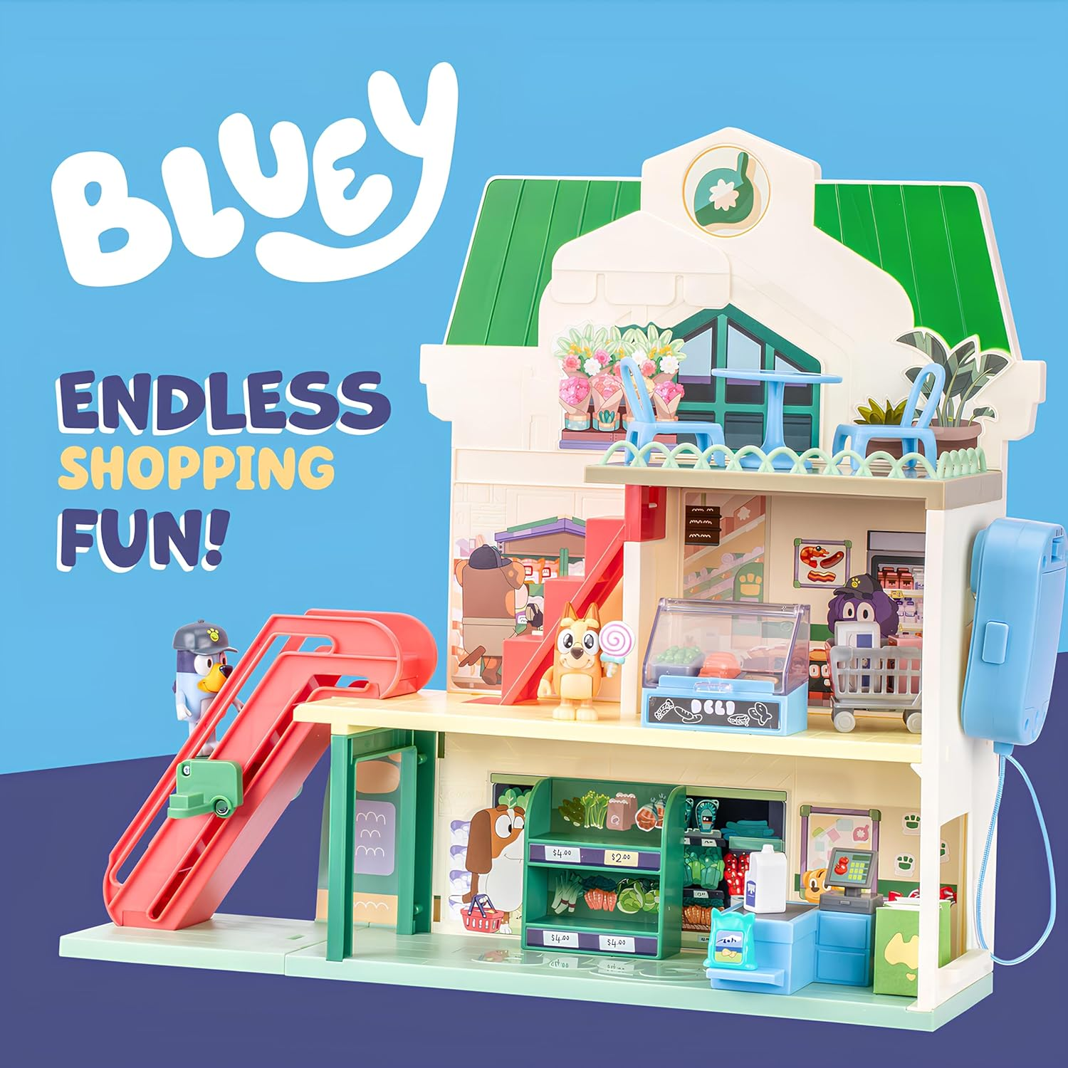 Bluey Supermarket Playset, 3 Different Levels with Exclusive Bluey and Bingo Figures. Includes Working Escalator, 24 Sounds and 15+ Play Pieces plus Fun Intercom, over 40Cm (15") Tall. image number 5