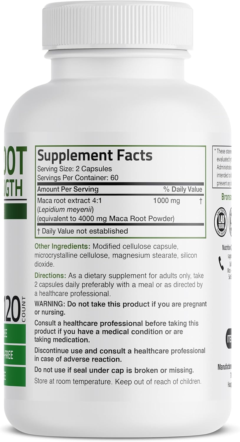 Bronson Maca Root Extra Strength 4000 MG per Serving, Lepidium Meyenii - Non-Gmo, 120 Vegetarian Capsules image number 6