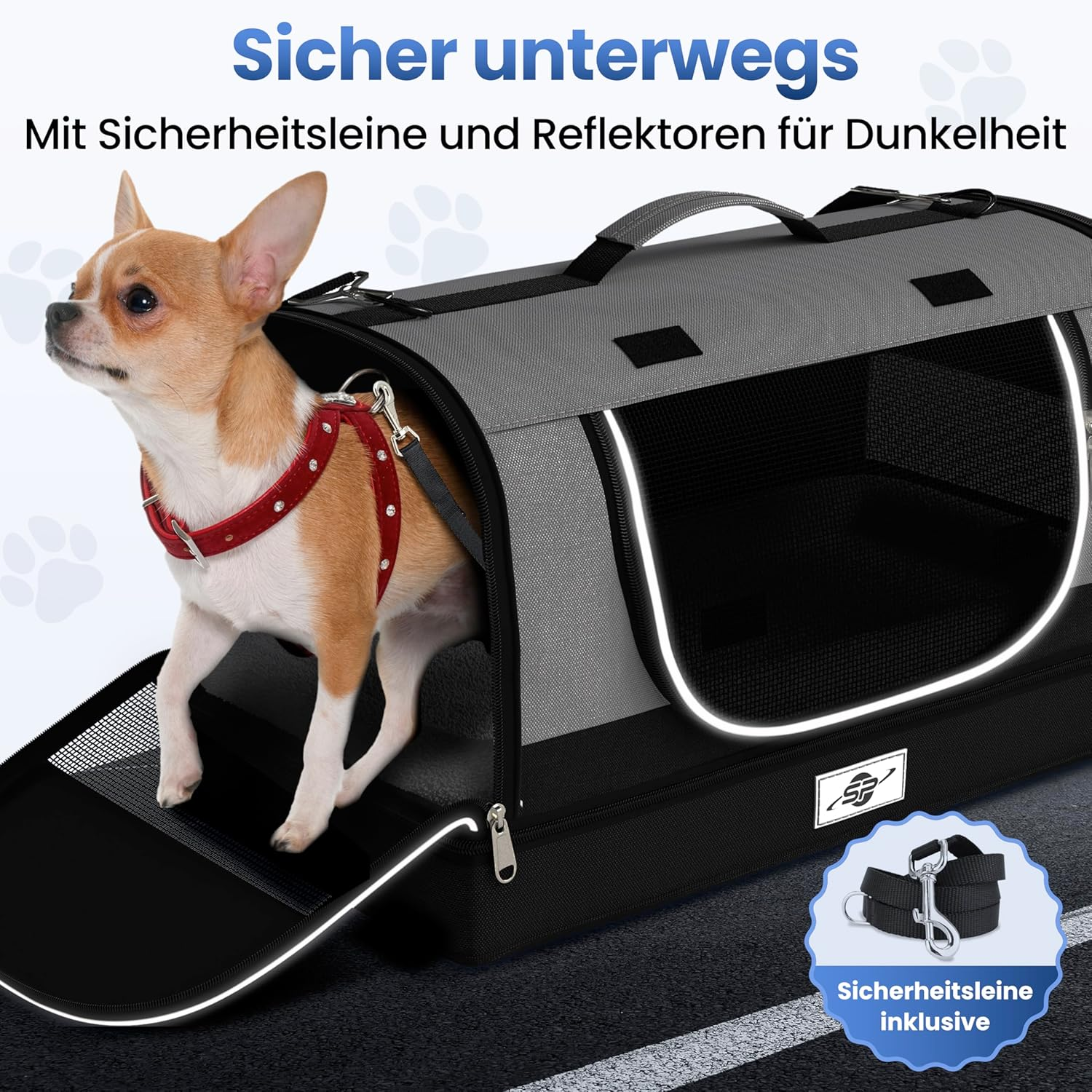 Foldable & Stable Cat Transport Box with Removable Base - Transport Bag for Cats and Small Dogs up to 8 Kg Including 2 Bowls, Shoulder Strap, Safety Lead, Ventilation, Reflectors image number 3