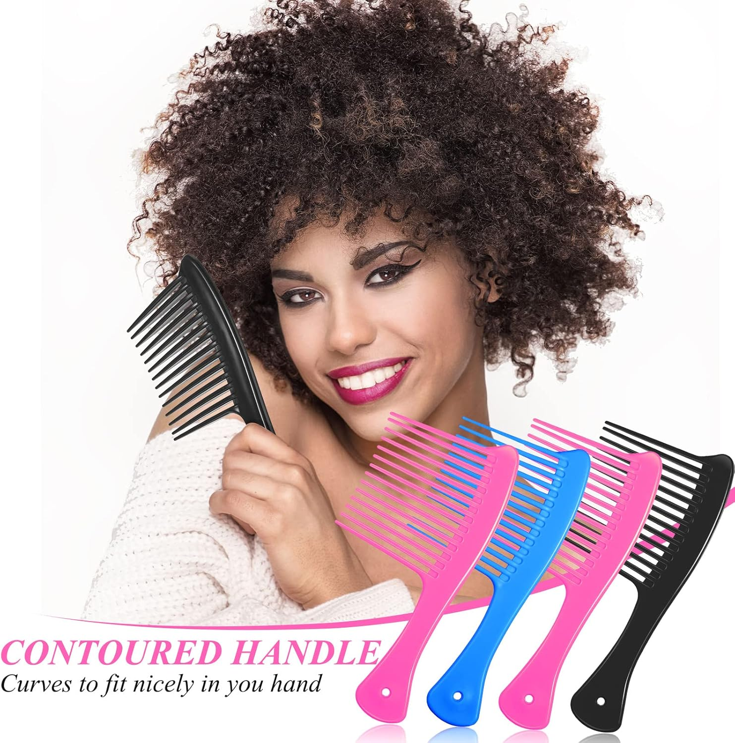 Romooa 4-Piece Wide Tooth Hair Detangler Combs, Plastic, Mixed Colors, Salon & Home Use, Adults & Kids image number 3