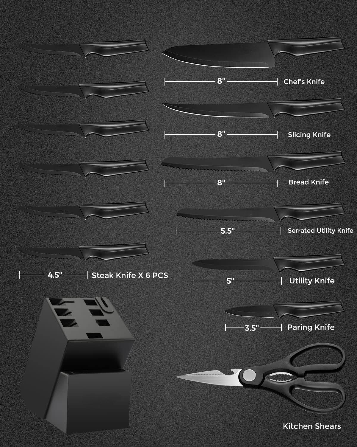 Homodoskey Knife Sets for Kitchen with Block Self Sharpening, 14 Pcs Kitchen Knife Set, Ultra Sharp Chef Knife Set for Kitchen, Dishwasher Safe, High Carbon Stainless Steel Knife Block Set image number 5