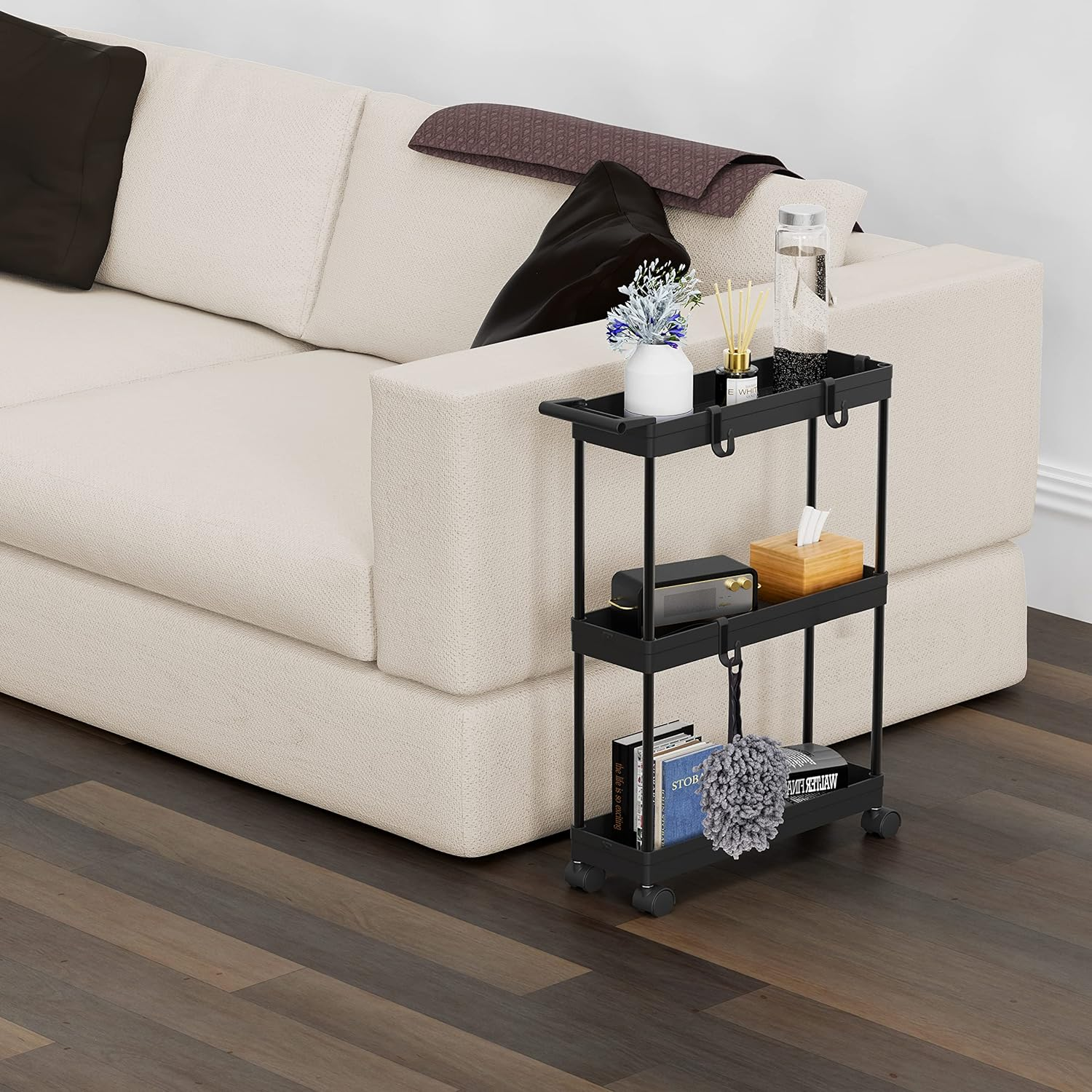 Simplehouseware 3-Tier Slim Rolling Cart with Handle and Hooks for Kitchen and Bathroom Trolley, Black image number 1