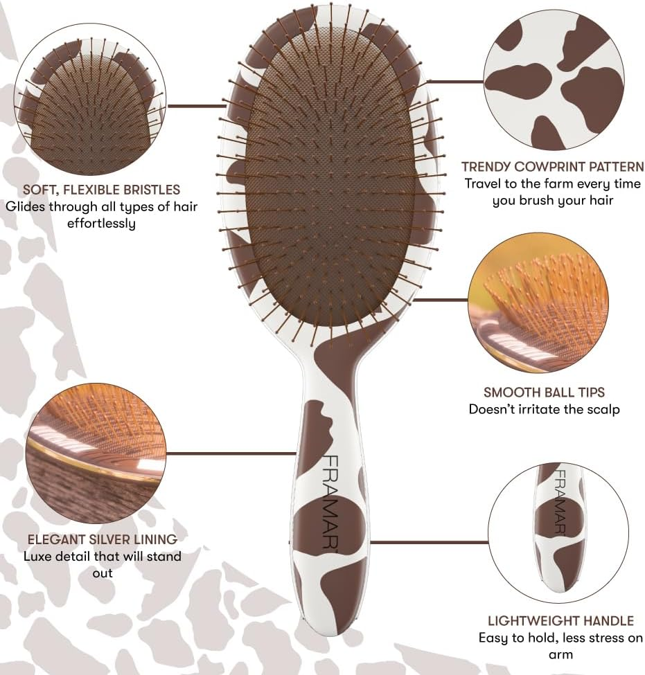 FRAMAR Curly Hair Detangler Brush - Cow Print Hairbrush for Wet, Thick Hair - Women'S Cute Cow Stuff Brush image number 6