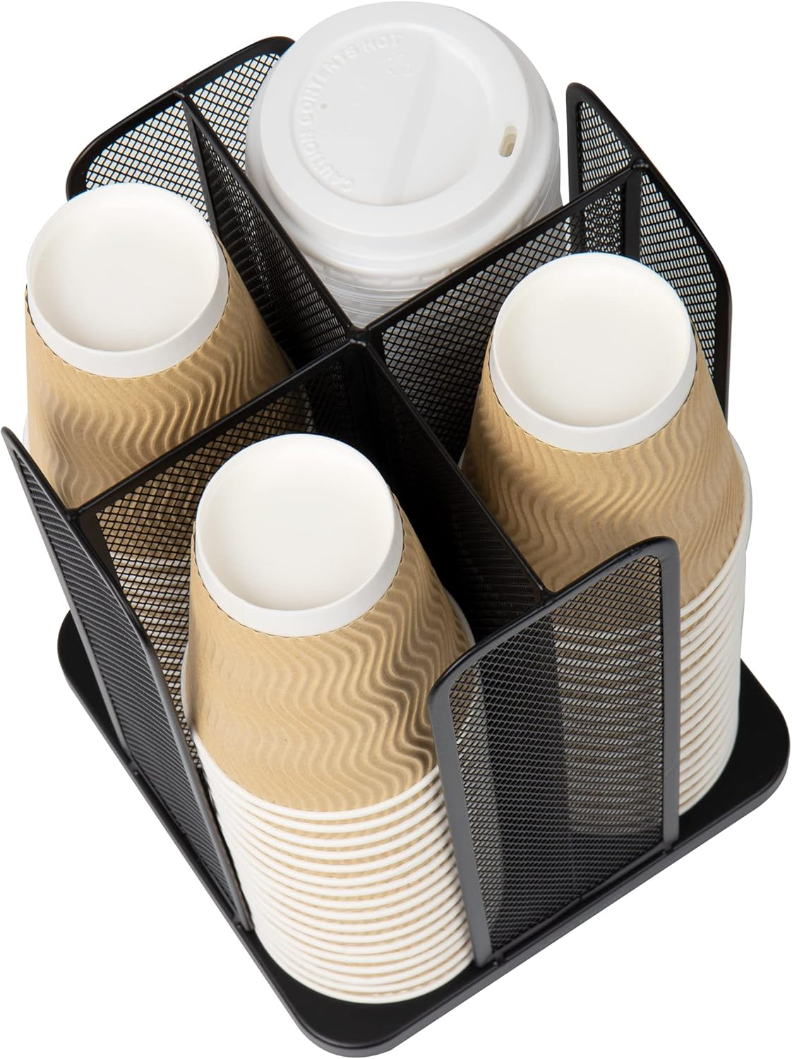 Mind Reader Carousel 4 Compartment Cup and Lid Organizer, Black Mesh