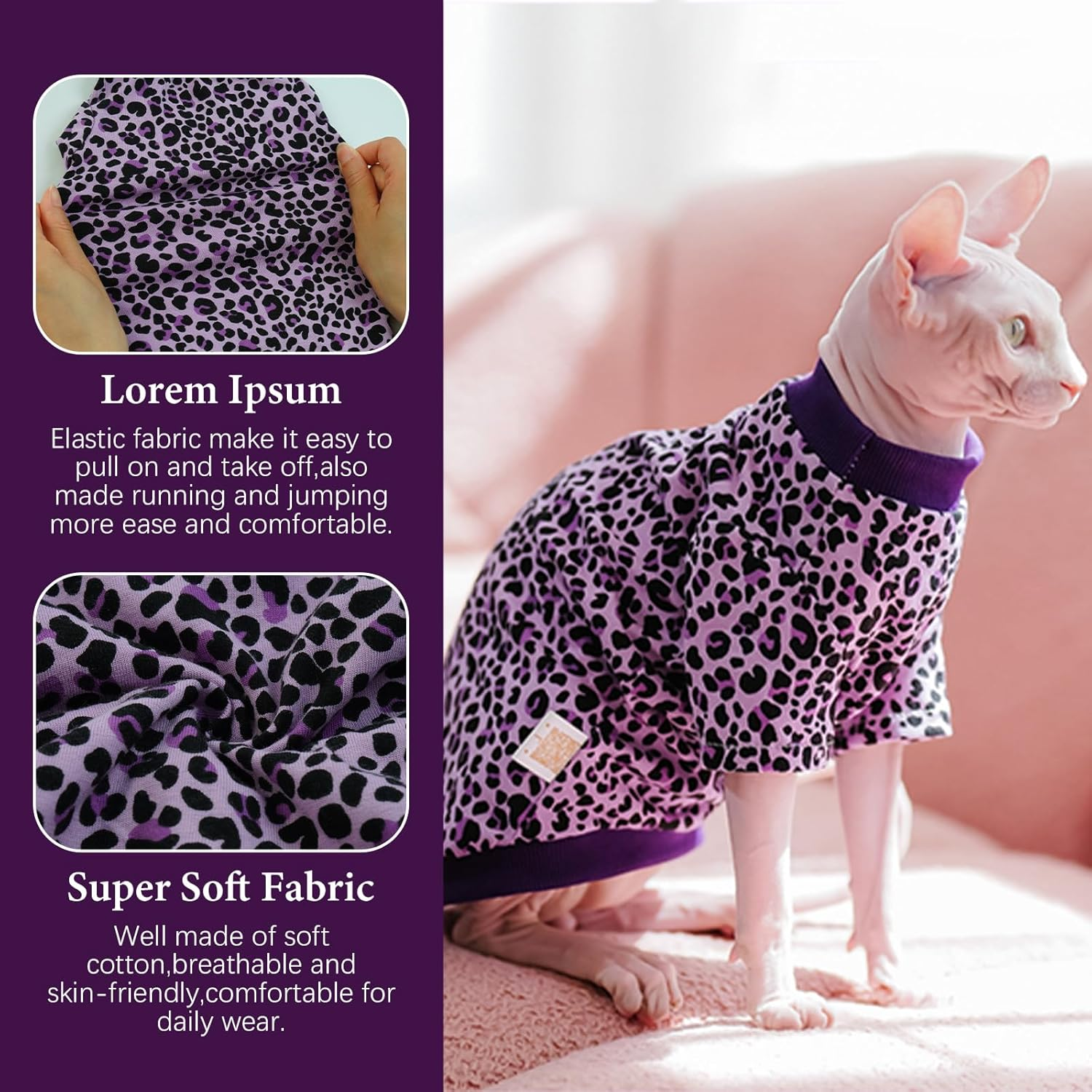 BRKURLEG Sphynx Hairless Cats Shirt Puppy Clothes Soft Cotton T-Shirts Cat Vest Pet Clothes, round Collar Vest Kitten Shirts, Cute Cats Pajamas(Purple, S) image number 6