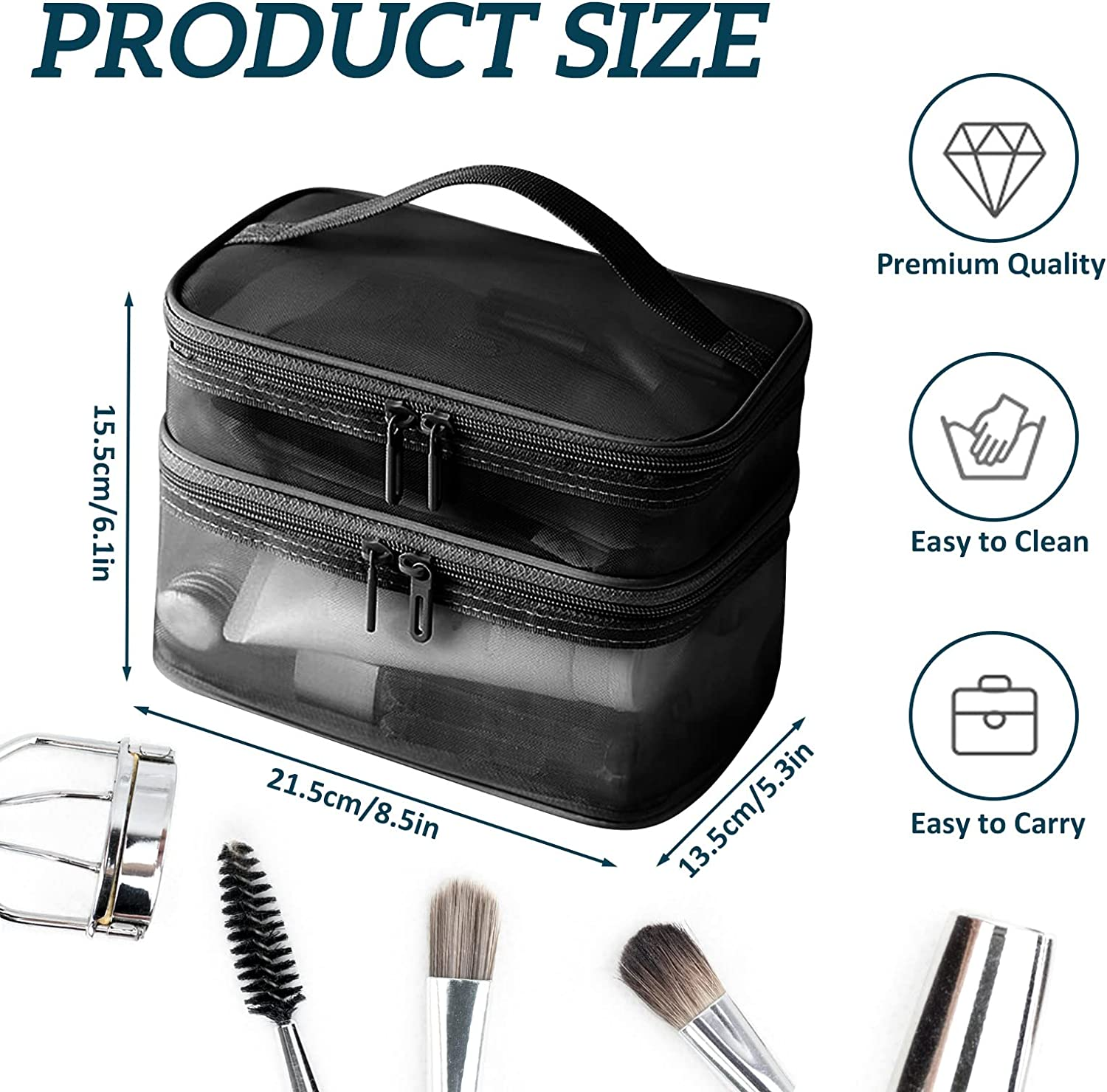 Double Layer Makeup Bag, Large Mesh Travel Cosmetic Pouch with Double Zipper, Vertical Make up Bag, Multifunctional Toiletry Bag for Makeup Brushes (Black) image number 5