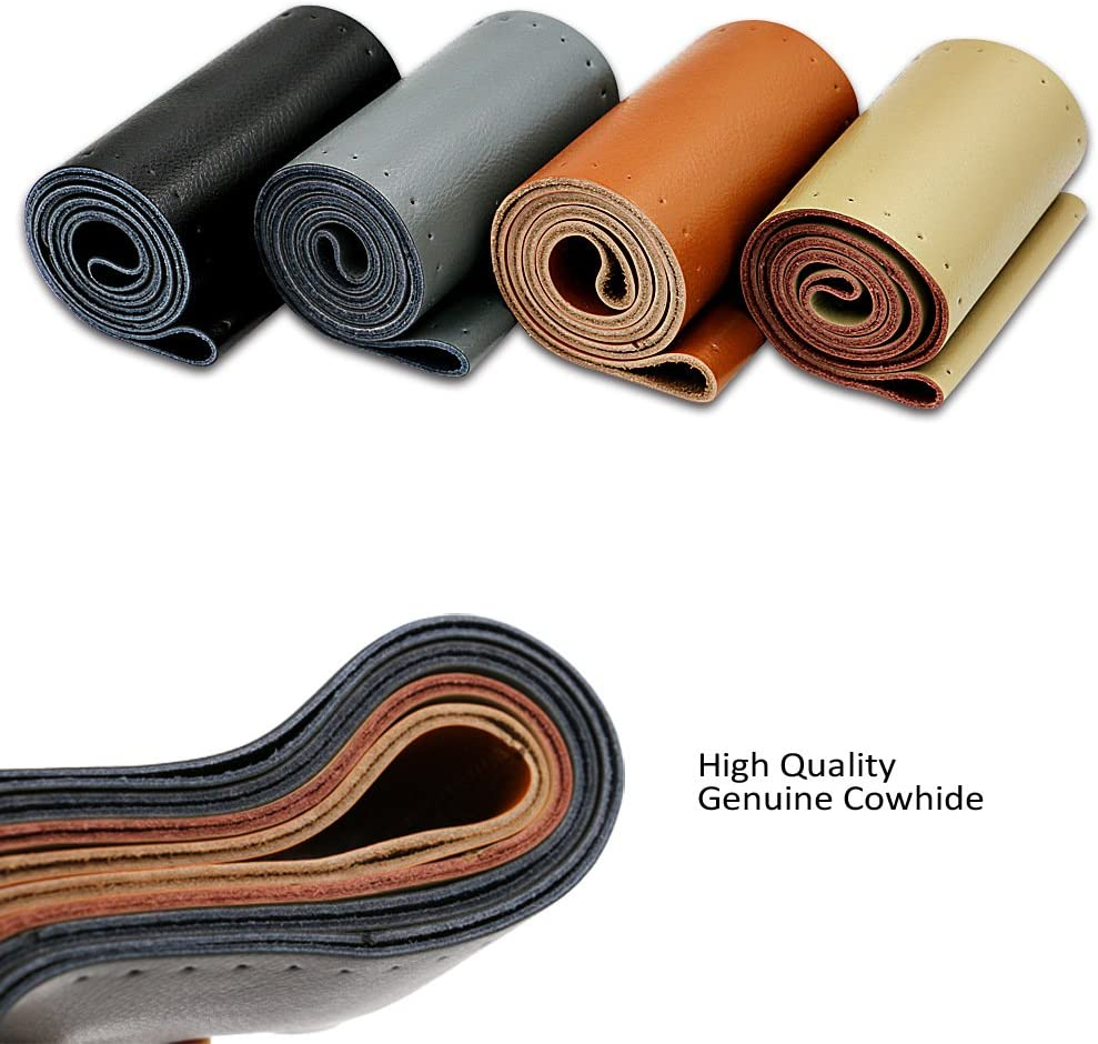 AULLY PARK Universal Car Steering Wheel Cover Genuine Leather Stitch on Wrap (Size M, Black) image number 4