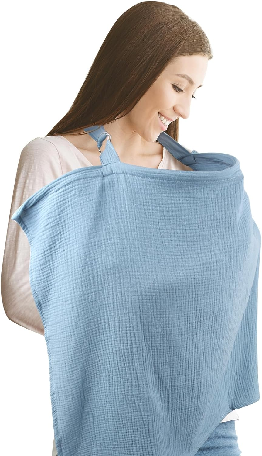 Muslin Nursing Cover for Baby Breastfeeding, Breathable Privacy Nursing Cover with Arch Neckline for Mom, Organic Cotton Multi-Use Nursing Apron (Blue)