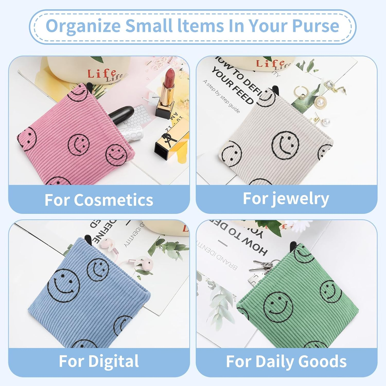 Teircno 2 PCS Preppy Corduroy Period Bag for Women, Cute Smiley Face Sanitary Napkin Storage Bag Portable Period Pouch with Zipper, Sanitary Pads Bag Tampons Holder for Purse First Period - White+Green image number 4