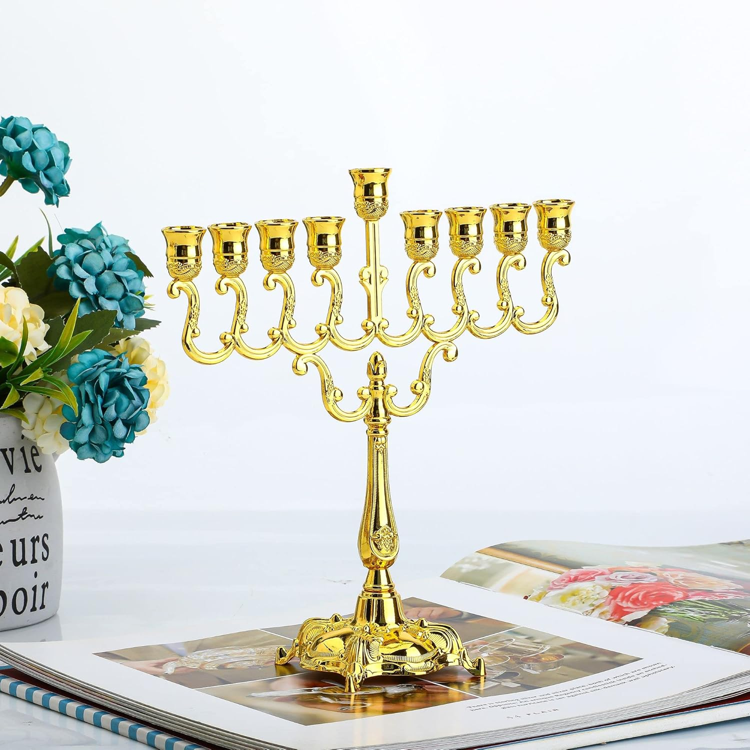 Hanukkah Menorah 9 Branch Gold Plated Jewish Menorahs for Chanukah Candle Holder Shabbat image number 2