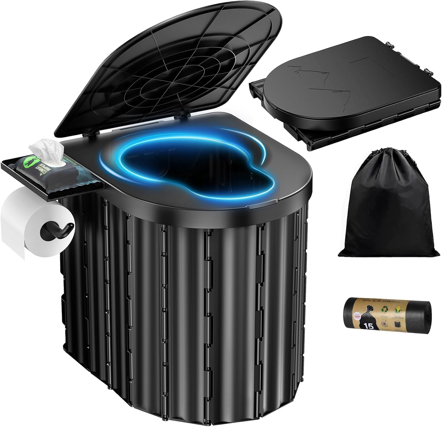 Portable Toilet, Upgraded to 15 Inches with Detachable Paper Holder, Capable of Carrying 450 Pounds, Suitable for Camping, Hiking, Road Travel, Cars, Tents, Beaches, and Truck Drivers (Black)