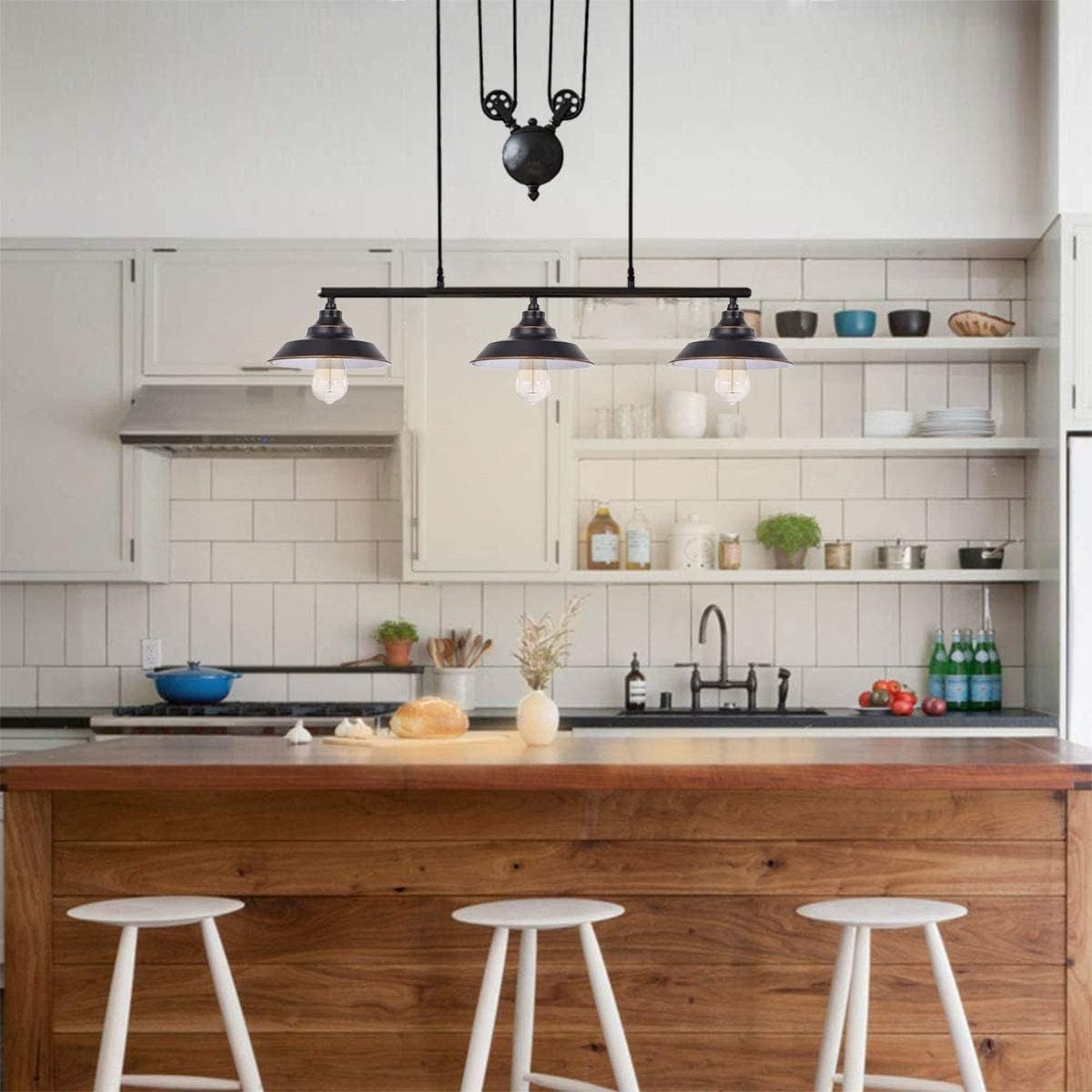 Ganeed 3-Light Upgraded Pulley Pendant Light,Rustic Kitchen Island Lights with Metal Shades,Adjustable Hanging Height,Industrial Vintage Ceiling Lights Fixture for Dinner Room Farmhouse Bar image number 4
