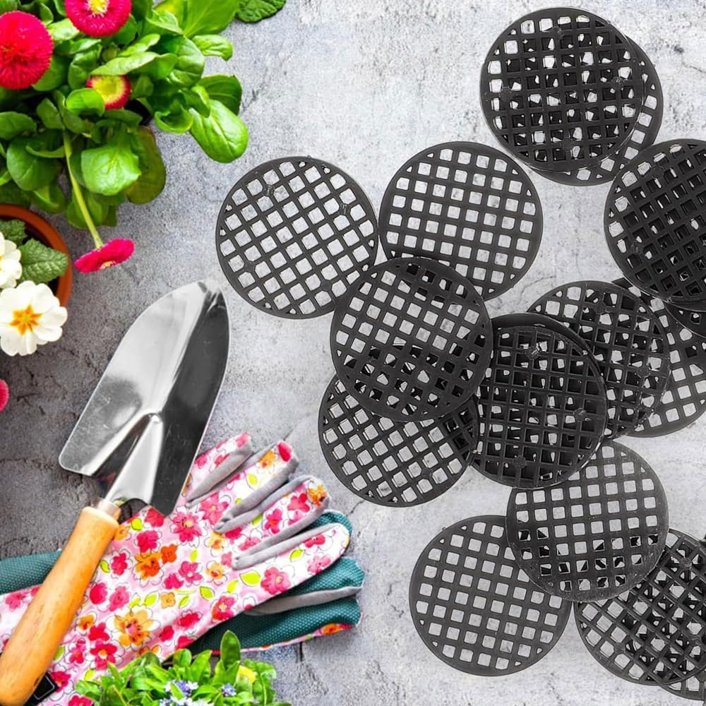 30Pcs Plant Pot Mesh Hole Cover Bonsai Drainage Mesh Insert, Flower Pot Hole Pad Bottom Grid Mat, round Screen Pot Bottom Gasket for Garden Prevent Soil Loss (1.8" / 45Mm, Black) image number 1