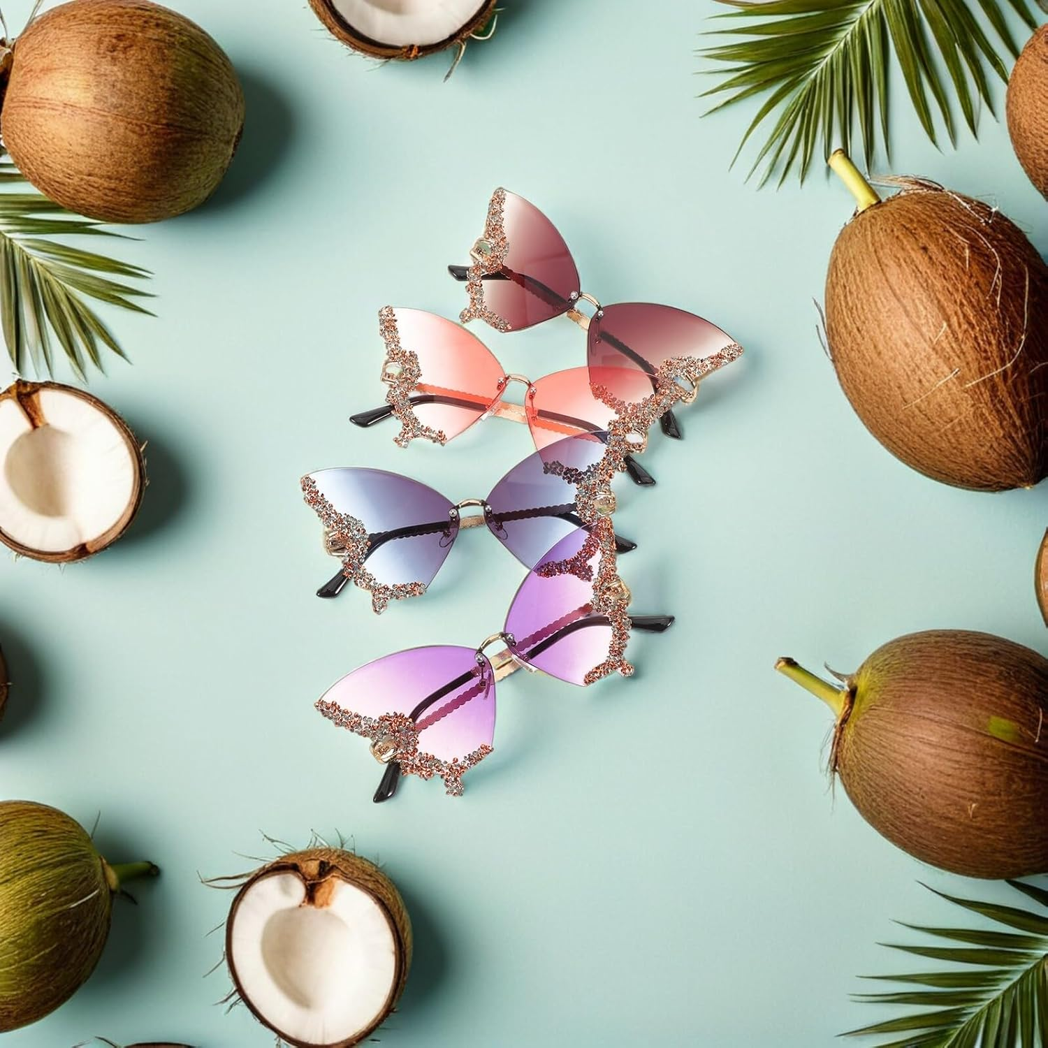 Yardenfun 4Pcs Rhinestone Butterfly Sunglasses for Women Lightweight Rimless UV Protection Retro Style for Beach Parties Festivals and Everyday Wear image number 4