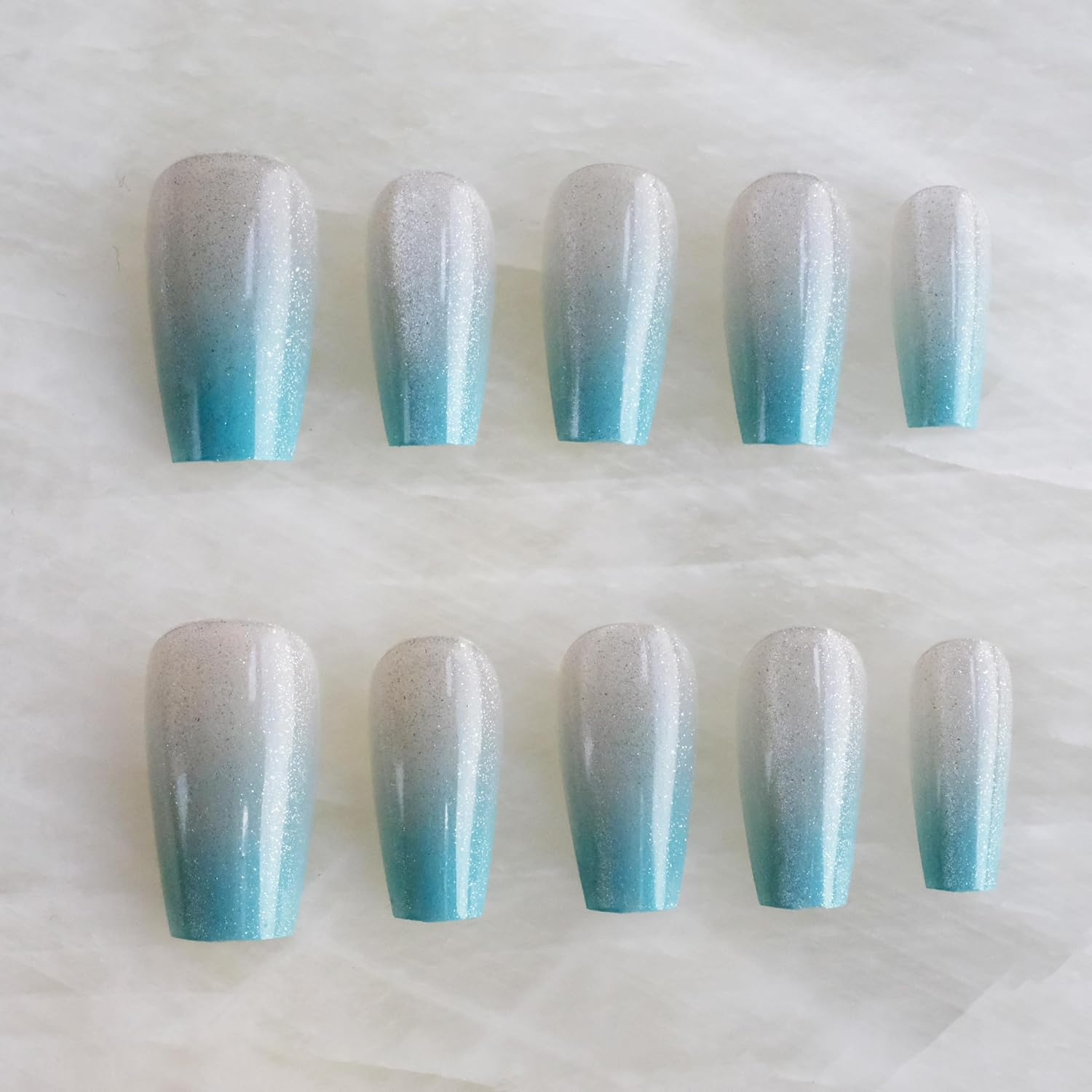 Glossy Cat Eye Ballerina Press-On Acrylic Nails, Coffin Style (Blue) (Blue, S)
