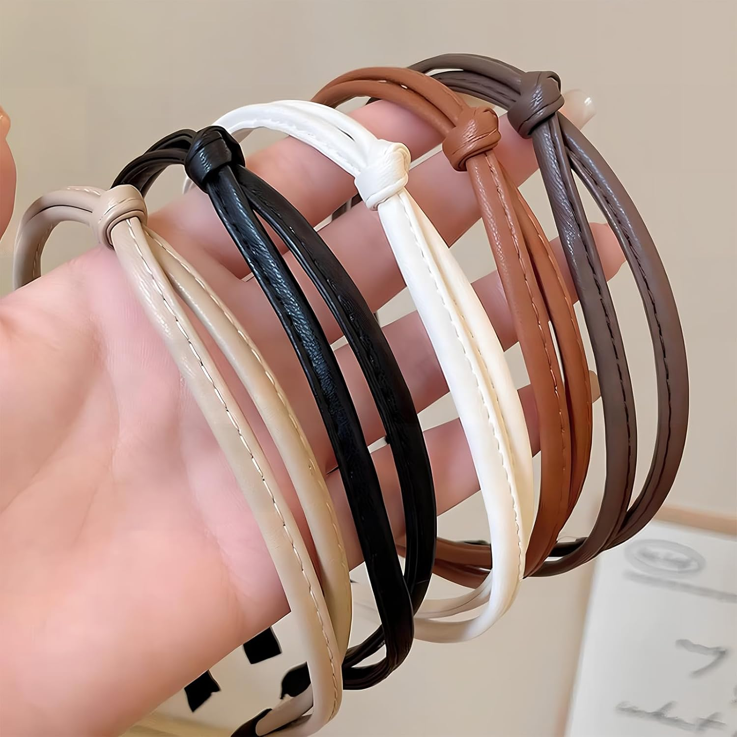 Pack of 5 Women'S Headbands, Elegant Thin Leather Headbands, Cute Knotted Leather Headbands, Solid, Simple, Fashionable, Non-Slip Hair Bands, Hair Styling Accessories for Women and Girls image number 6