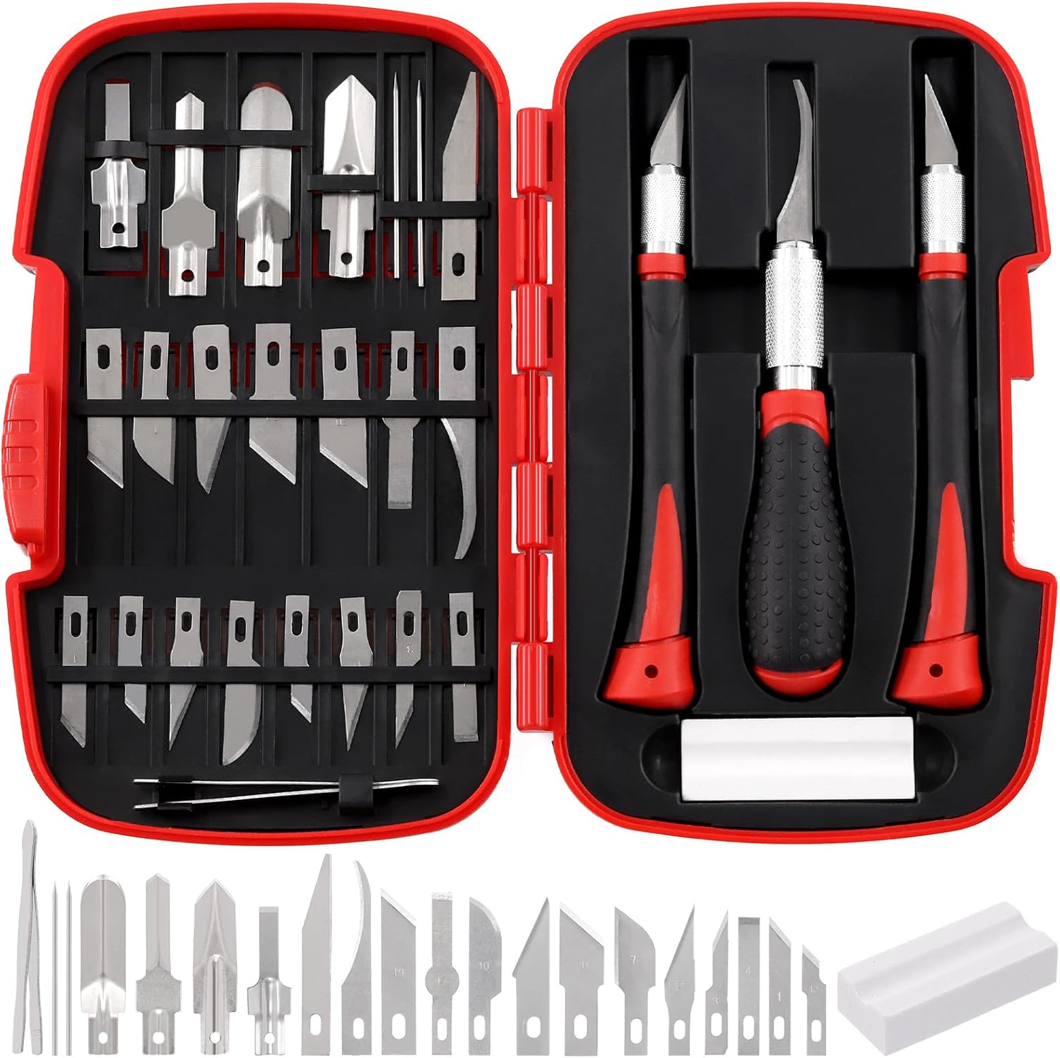 Swpeet 30Pcs Craft Knife, Red Precision Cutter Hobby Knife Blades Set Contains #1#2#4#7#10#11#12#17#19#20 Blades, Hook/Pointed Blades, U/V Gouge, Knife Handle, Needle, Sandstone, Tweezer for Art Work image number 2