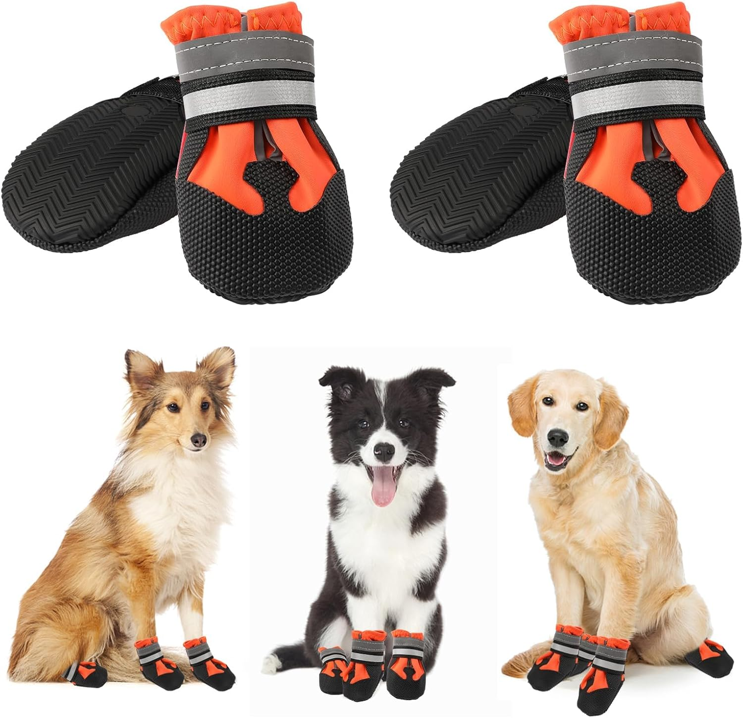 4 PCS Dog Boots Paw Protector,Waterproof Dog Shoes with Reflective Straps,Adjustable Washable Non-Slip Dog Shoes,Dog Boots for Injured Paws, Outdoor Walking Boots for Small Medium Large Dogs (XXL)