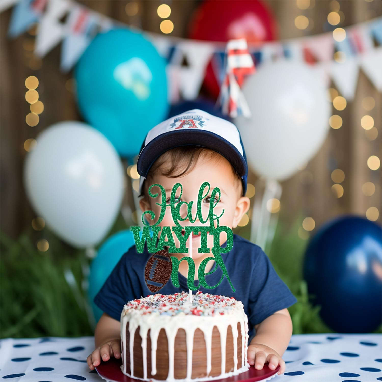 Green Glitter Half Way to One Cake Topper, It'S My 1/2 Birthday/1/2 Way to One, Soccer Football Themed Baby'S 6 Months Birthday Party Decorations for Baby Boys Girls image number 5