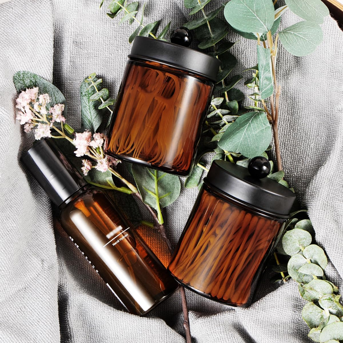 Amber Glass Qtip Holder, Apothecary Jar,Qtip Dispenser with Metal Lid & Stickers- 3Pack Containers,Vanity Canister Organizer Storage,Bathroom Accessories Set for Cotton Swab, Ball, Pad, Floss image number 2