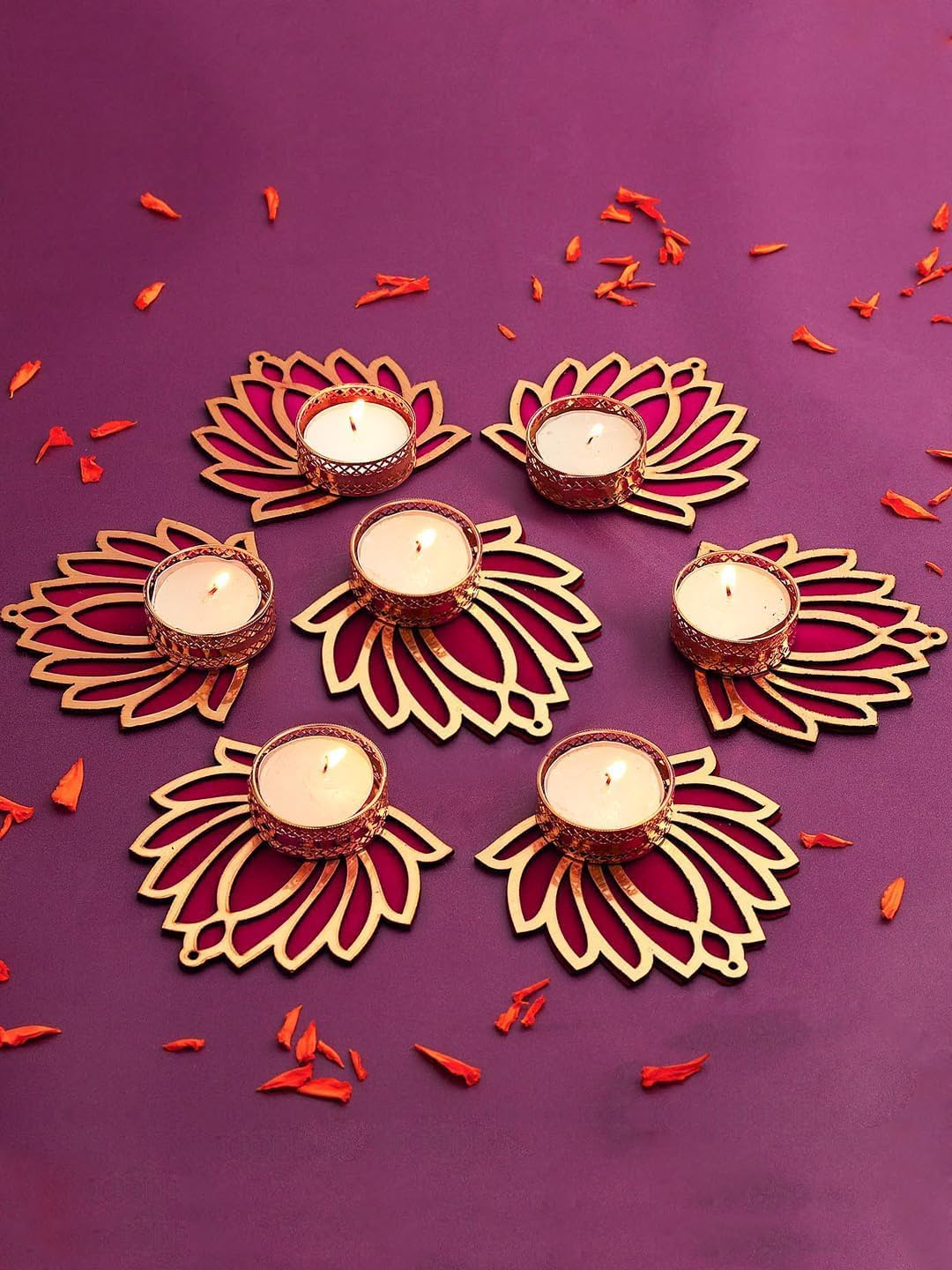 Tied Ribbons Lotus Tealight Candle Holder | Set of 7 | Tealight Holder for Diwali Decoration, Indian Decorations Home, Tealight Diya for Diwali, Pooja, Mandir, Temple, Ganesh Chaturthi Decoration image number 4
