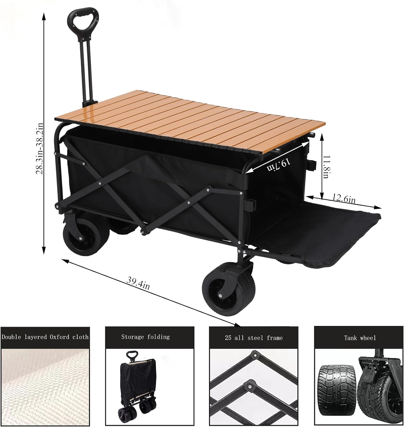 Collapsible Folding Wagon with Board Desktop, 10CM Wide Big Wheels with Brakes, Portable Large Wagon Cart, Bearing Capacity 175Kg Beach Wagon, Outdoor Stroller Wagon - Black image number 4
