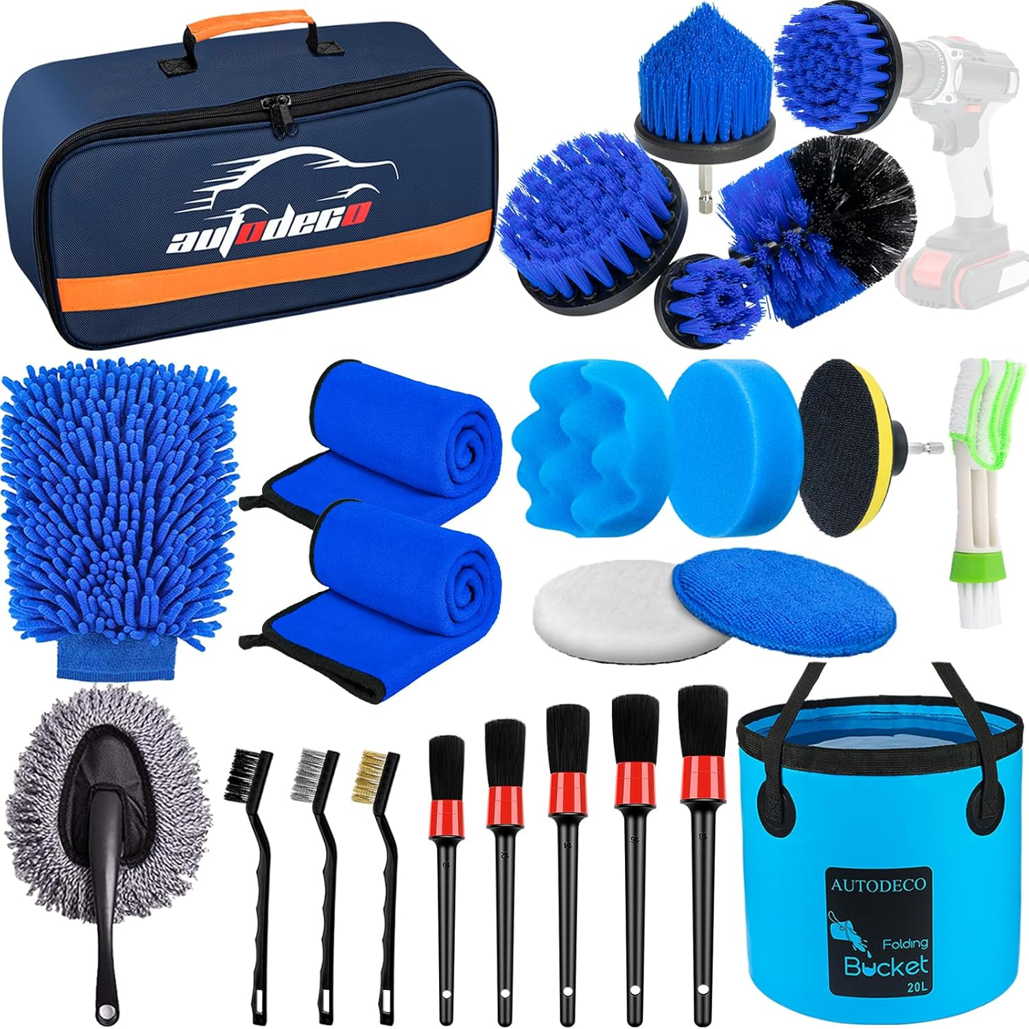 AUTODECO 37Pcs Car Detailing Brush Set, Car Detailing Kit, Auto Detailing Drill Brush Set, Car Detailing Brushes, Car Wash Cleaning Tools Kit with Car Vacuum for Interior, Exterior, Wheels, Blue