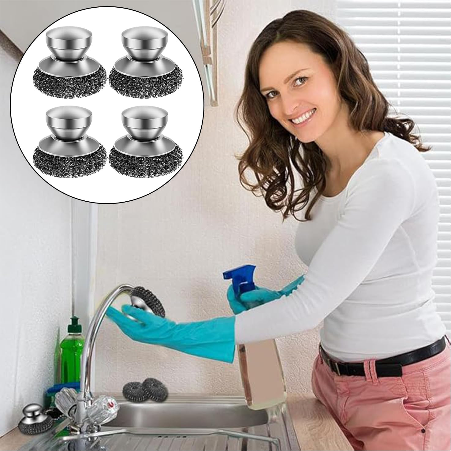 WADY 4 Pcs Stainless Steel Scrubber Stainless Steel Scourer with Handle round Pan Scourer Non Scratch Sponge Premium Dish Scrubber Metal Sponge Scrubber for Cleaning Pots Pans Grills Sink image number 2