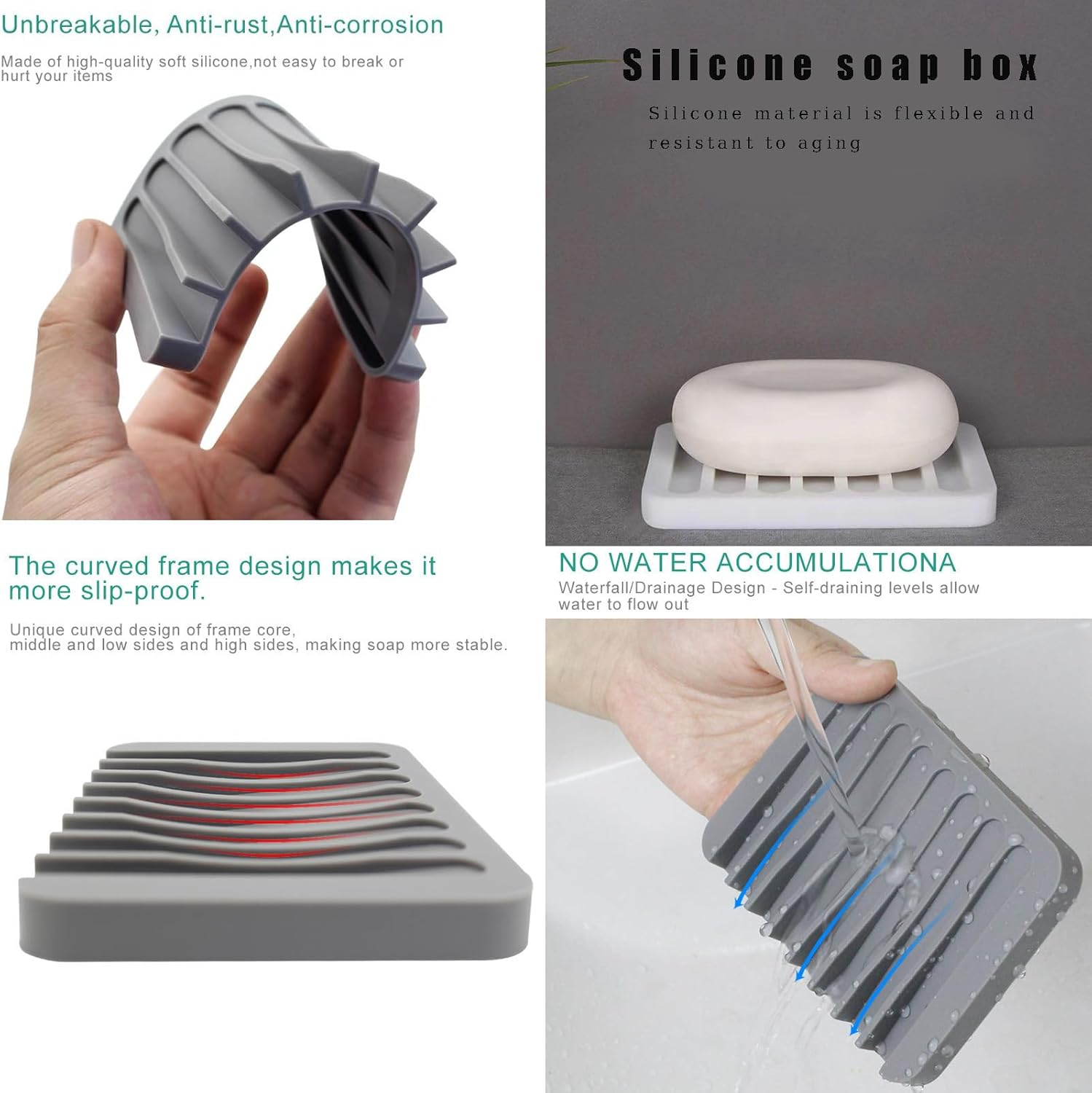 Soap Dish Holder, Shower Bracket, Protective Tray Box, Silicone Sink, Deck Bathtub, Shower Tray, Soap Drain, Silicone Soap Holder, Shower, Bathroom, Kitchen, Bathtub, Shaver (Gray+White) image number 3