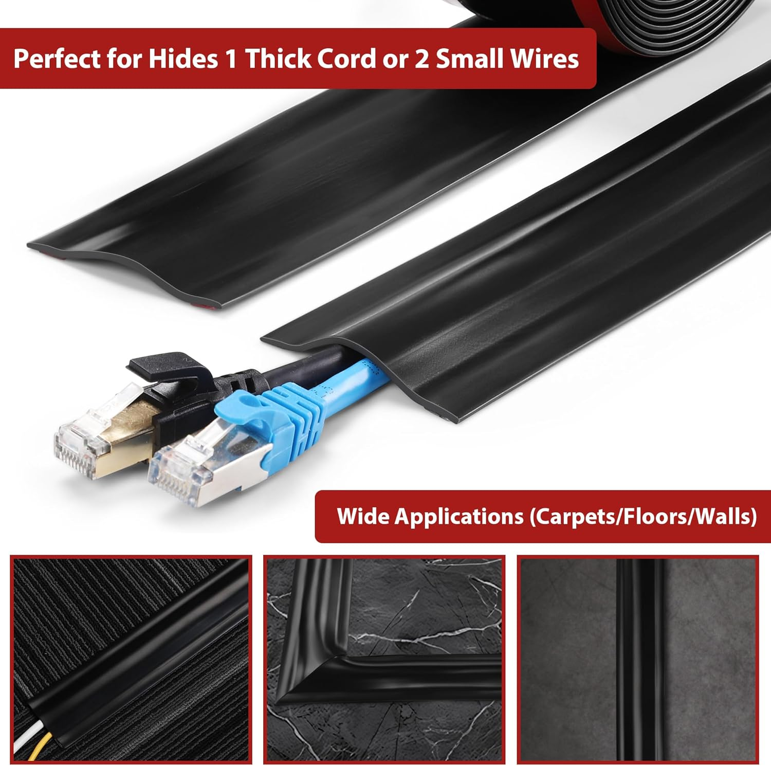 8.2Ft Cord Cover Floor, PVC Cord Covers for Wires on Floor, Soft Floor Cable Cover Cord Hider, Floor Cable Management Cable Protector for Commercial Office Carpet/Floors/Wall Black image number 4