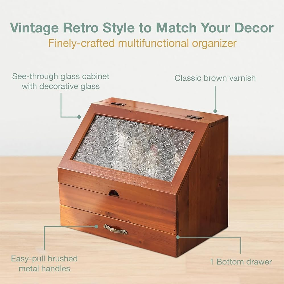 2 Tier Countertop Display Cabinet,Vintage Tabletop Organizer with Drawer Glass Top Compartment,Cosmetic Display Case with Drawer,Waterproof and Dustproof Transparent Cover,Wooden Desktop Storage Box image number 4