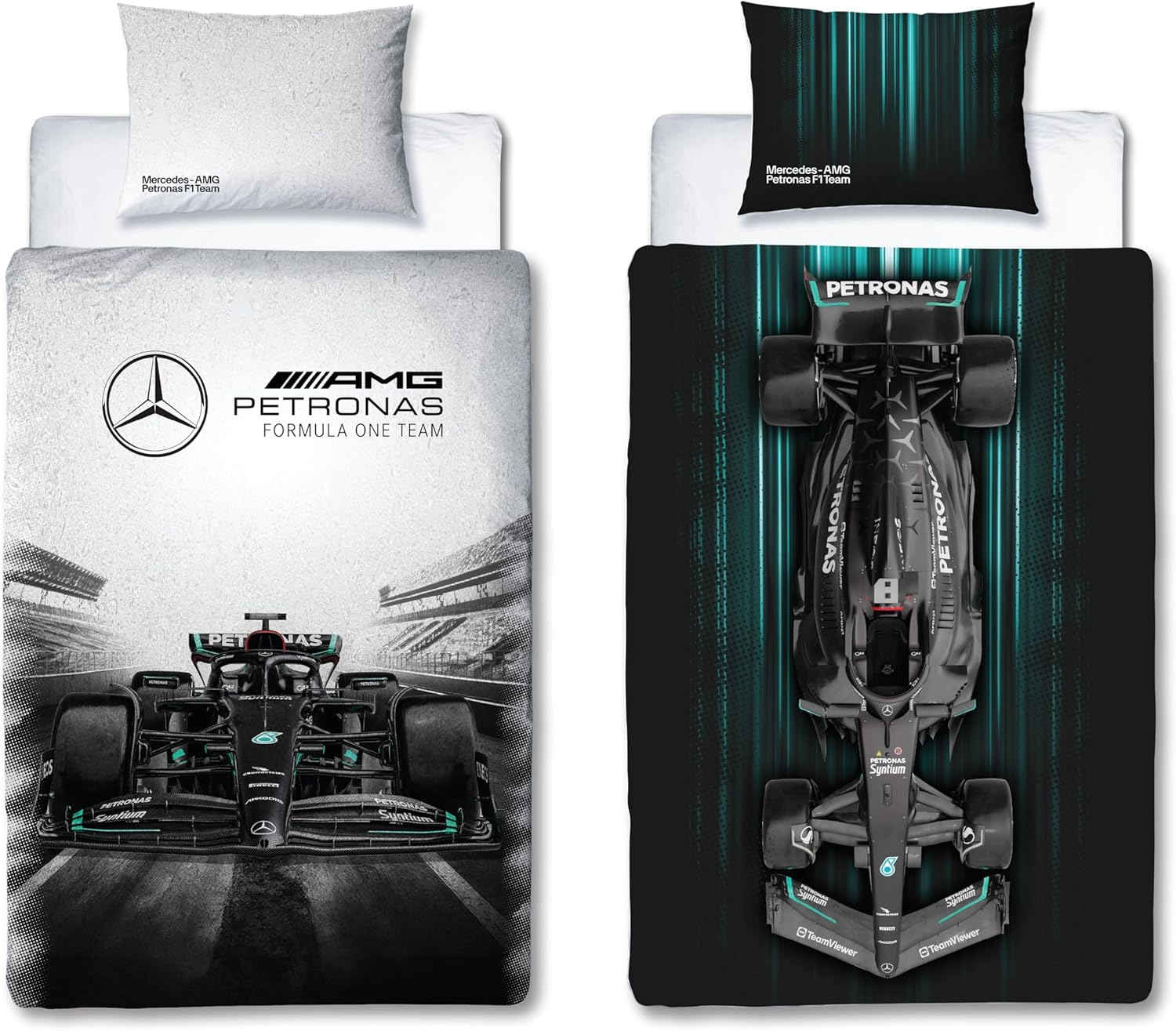 Character World Mercedes AMG Petronas Official Single Duvet Cover Set, Skyline Design | Grey Reversible 2 Sided Formula One Bedding Cover Official Merchandise Including Matching Pillow Case, Gray image number 2
