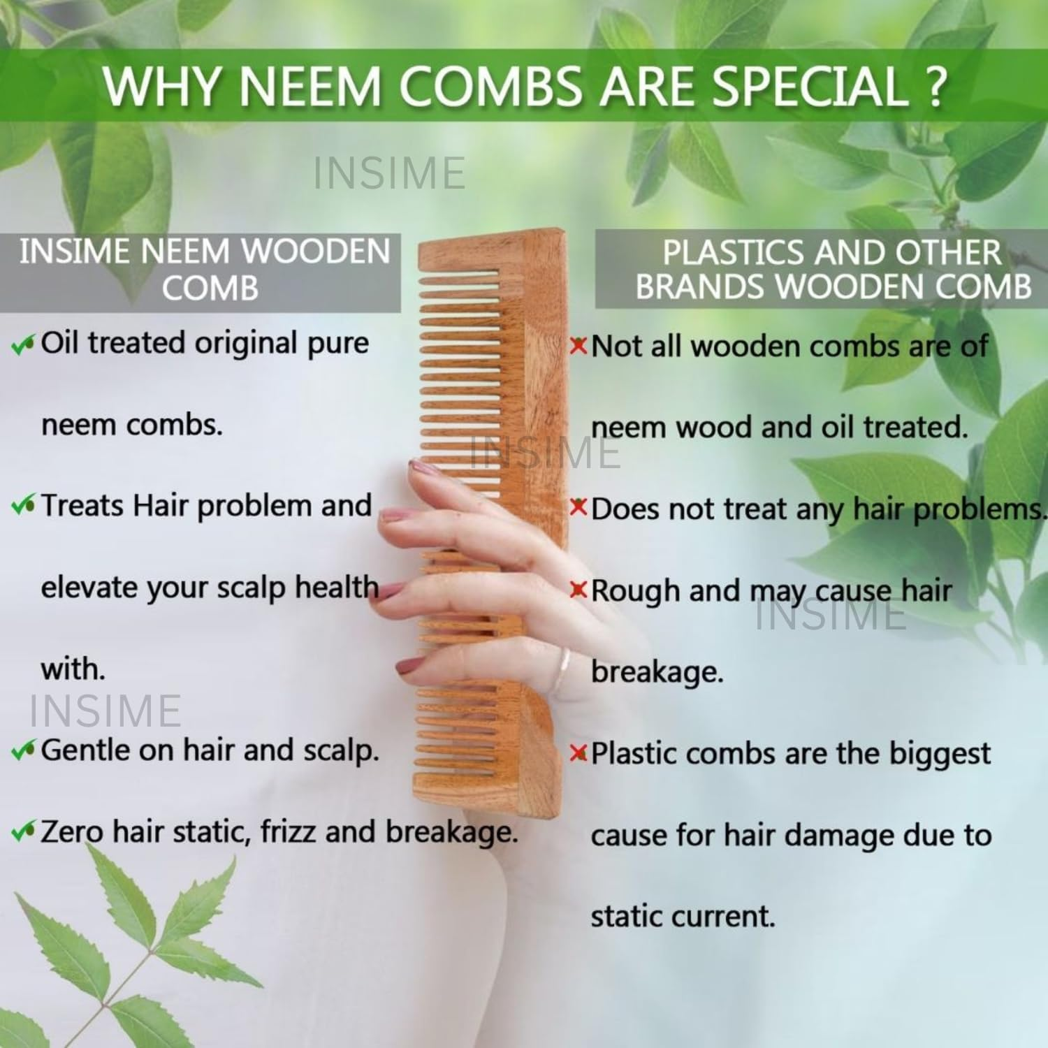 INSIME Neem Wooden Comb for Women Hair Growth | Kacchi Herb Treated Neem Wood Comb for Men Women | Wide Tooth Hair Comb for Men & Women (Pack of 2) image number 4