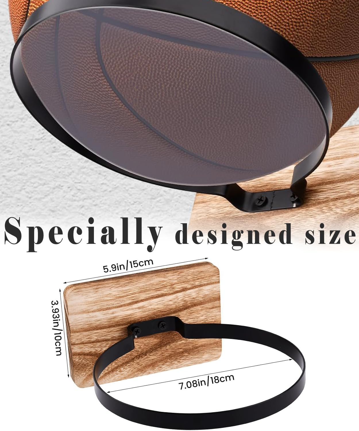 4 Pack Wall Mount Basketball Holder with Wood Base &ndash; Ball Display Rack for Basketball, Football, Soccer, Volleyball &ndash; Sports Ball Storage Organizer for Athletes & Fans image number 4