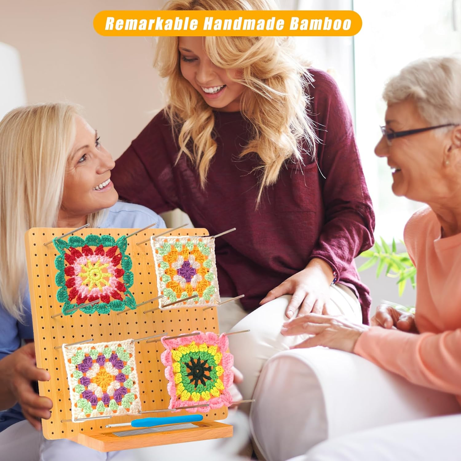 Crochet Blocking Board, 11.4"/29Cm Bamboo Wooden Blocking Board with 30Pcs Steel Pins and 1 Crochet Hook Crochet Projects for Knitting, Granny Square Blocking Board Gifts for Grandmother Mothers image number 2