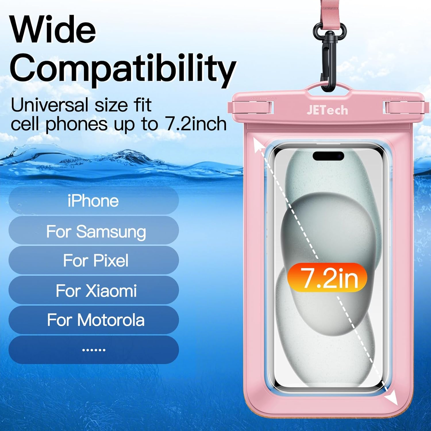 Jetech Waterproof Phone Pouch, 2 Pack Water Proof Case for Iphone 17 16E 16 15 14 Air Pro Max Plus, Galaxy S25 S24 Ultra, Pixel 10 Series and Others up to 7.2 Inch, IPX8 Dry Bag (Black+Pink)
