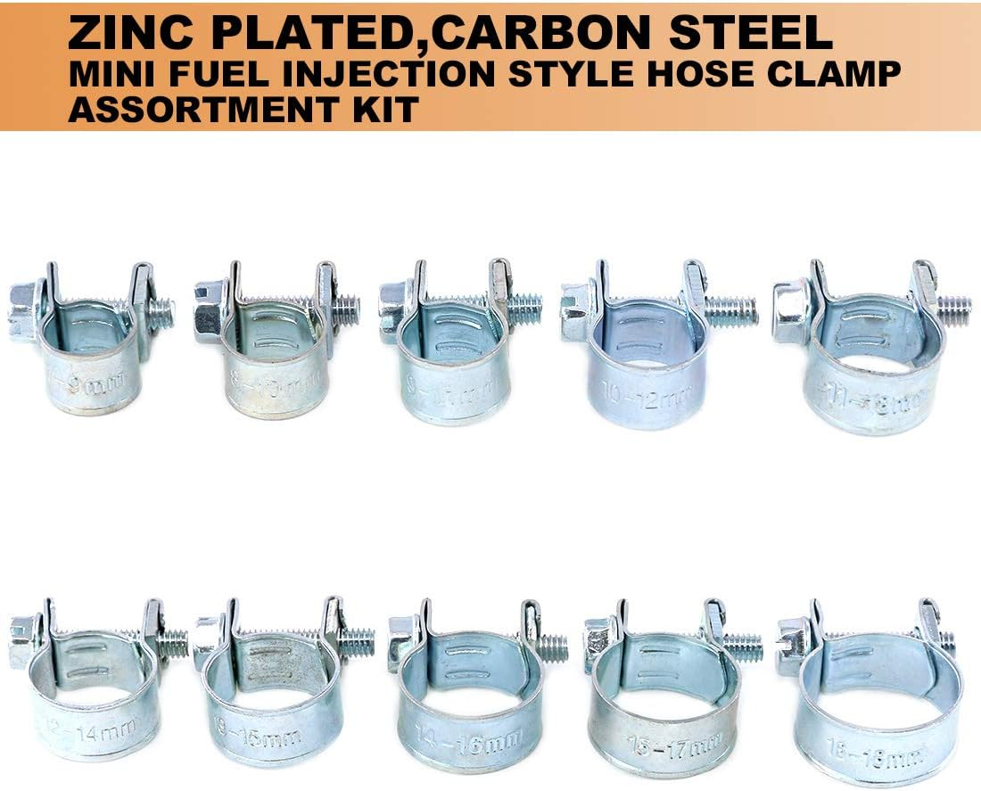 Keadic 60Pcs 10 Sizes Adjustable Zinc Plated Carbon Steel Mini Fuel Injection Style Hose Clamp Assortment Kit for Various Diesel Petrol Pipe image number 6