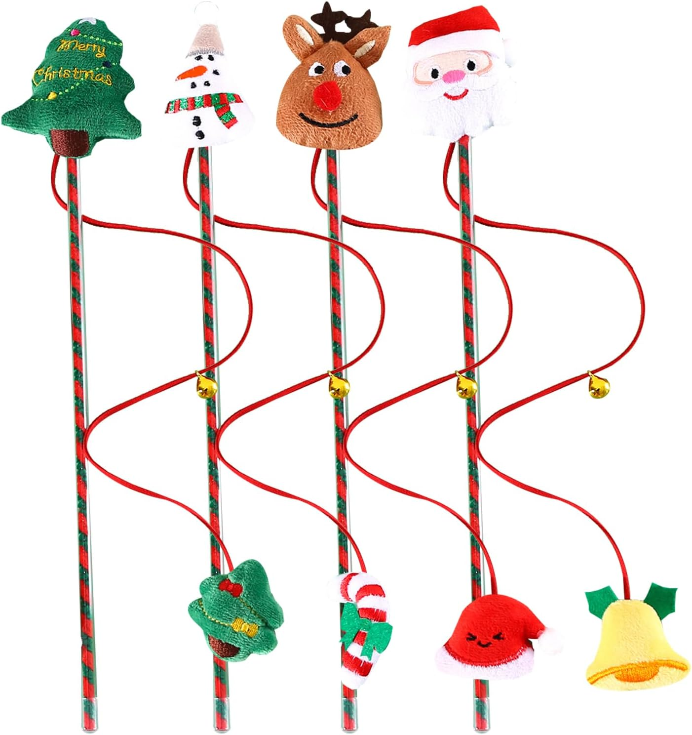 4 Pcs Christmas Cat Wand Toy,Christmas Design Interactive Cat Teaser Wand Toys with Bells,Funny Kitten Stick Toys for Indoor Cats,Christmas Party Cat Toys for Cat Interactive,Training image number 1