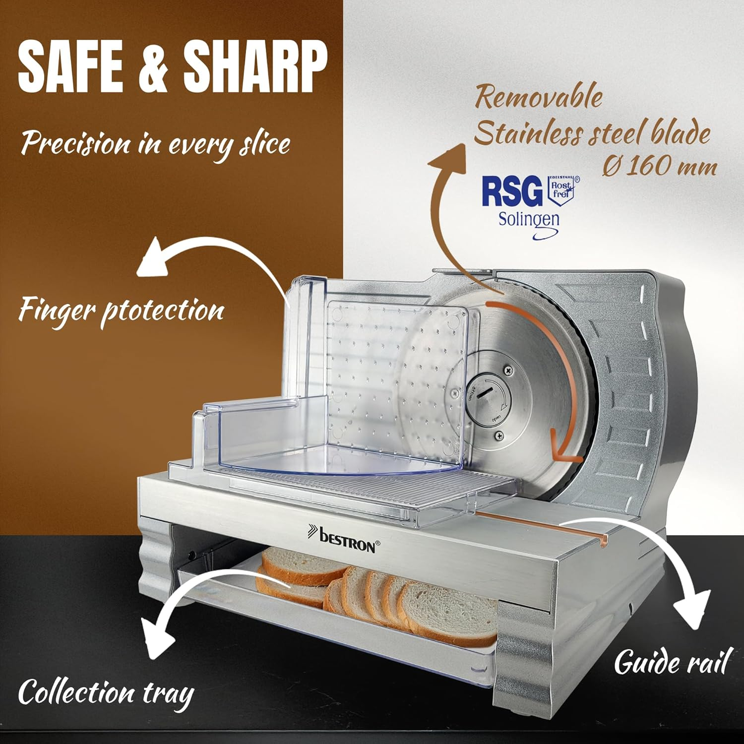 Bestron Bread Slicer with Stainless Steel RSG Blade, Made in Germany, Continuous Cutting Thickness Adjustment from 0 to 20 Mm, Cutter with Shift Button for Automatic and Manual Operation, image number 1