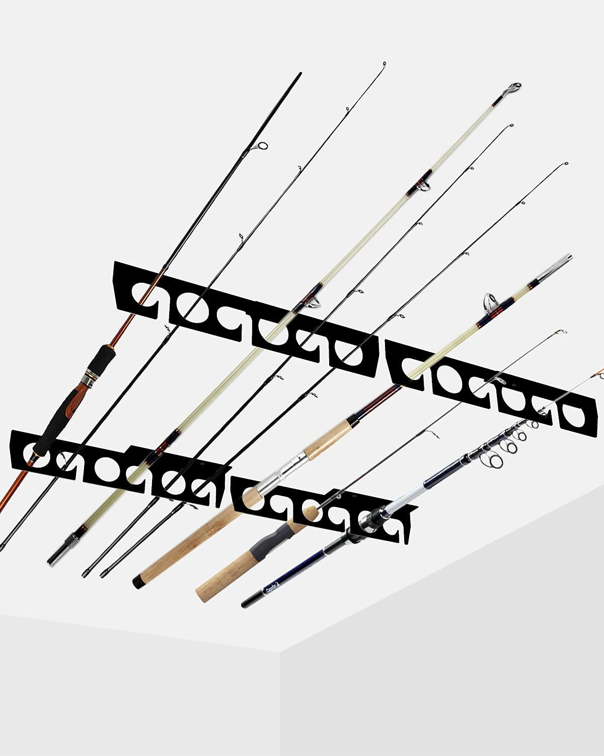 Fishing Rod/Pole Rack Holder Storage Organzier Display Hooks Hanger Wall or Ceiling Mounted Metal Holds up to 16 Rods Racks Vertically Horizontally for Garage Cabin and Basement Porch Ease of Use
